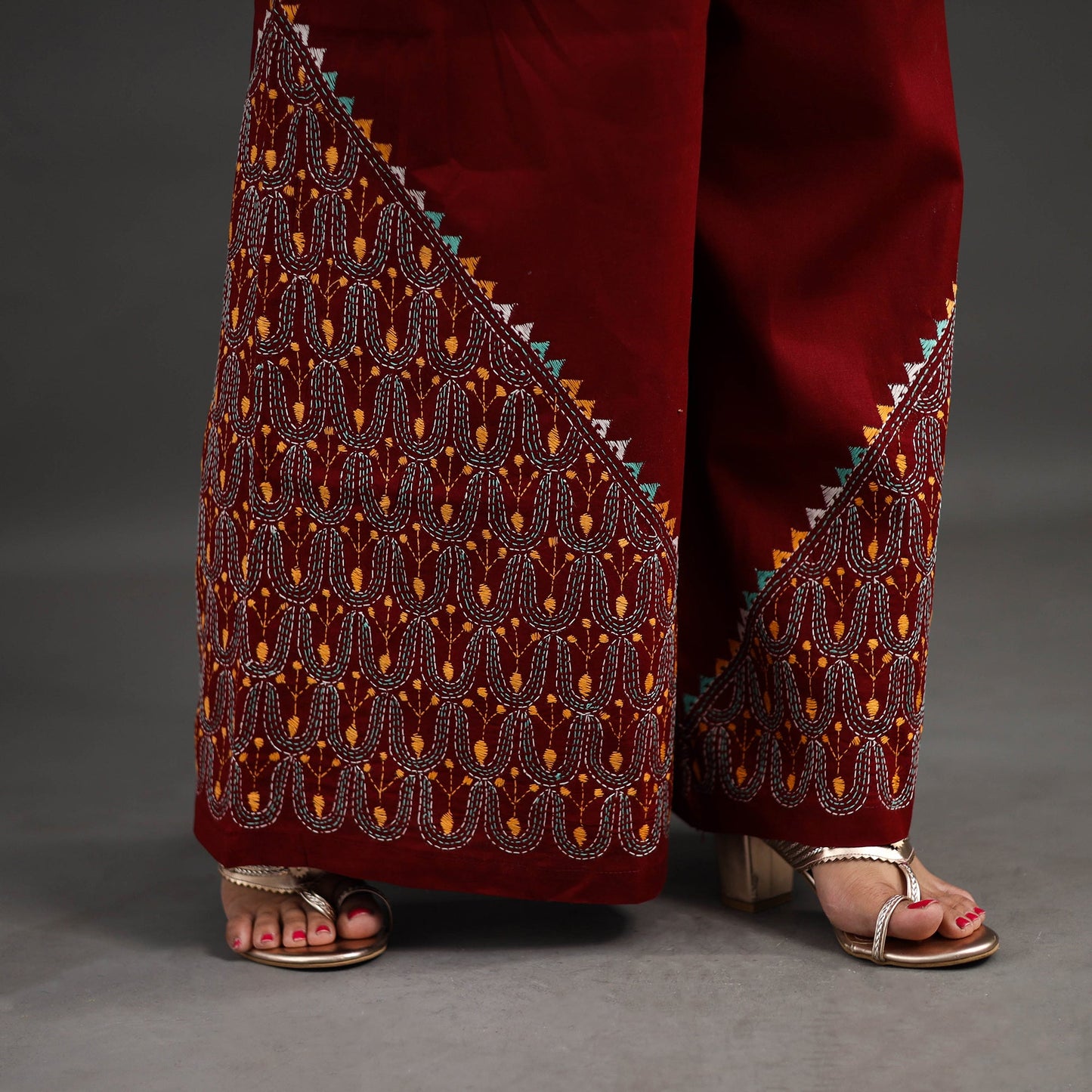 Red Kantha Hand Embroidery Palazzo in Cotton