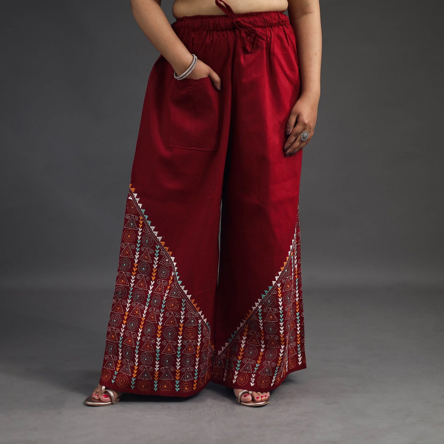 Buy Red Kantha Hand Embroidery Palazzo in Cotton