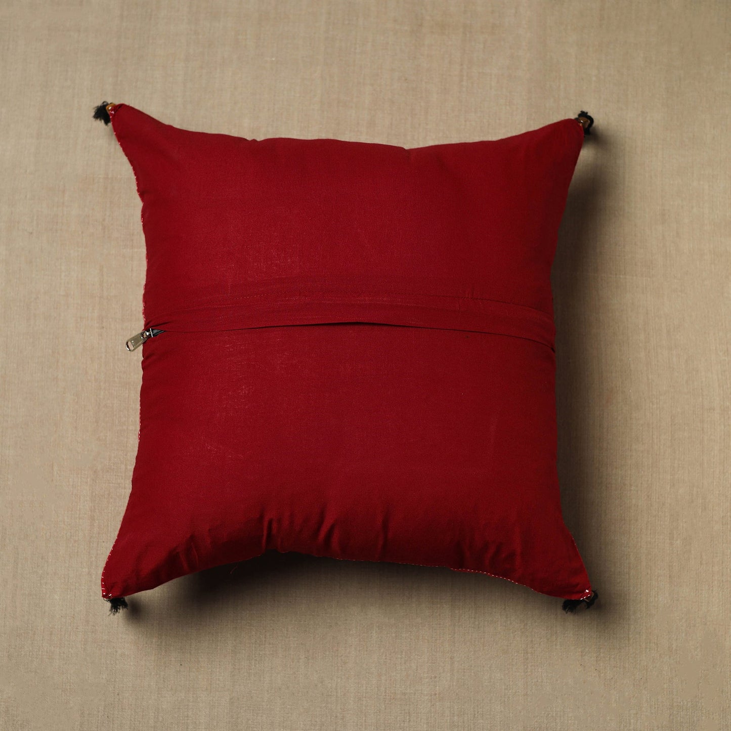 Buy Red Kantha Stitch Ikat Cotton Cushion Cover (16 x 16 in) 08