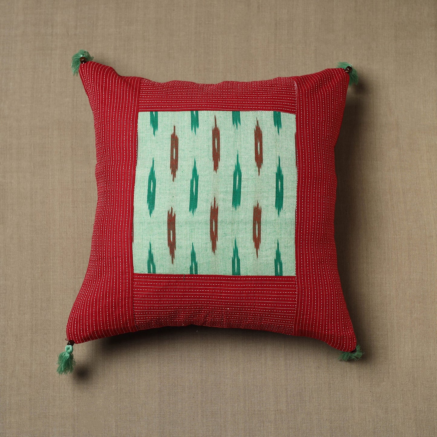 Red Kantha Stitch Ikat Cotton Cushion Cover (16 x 16 in) 11