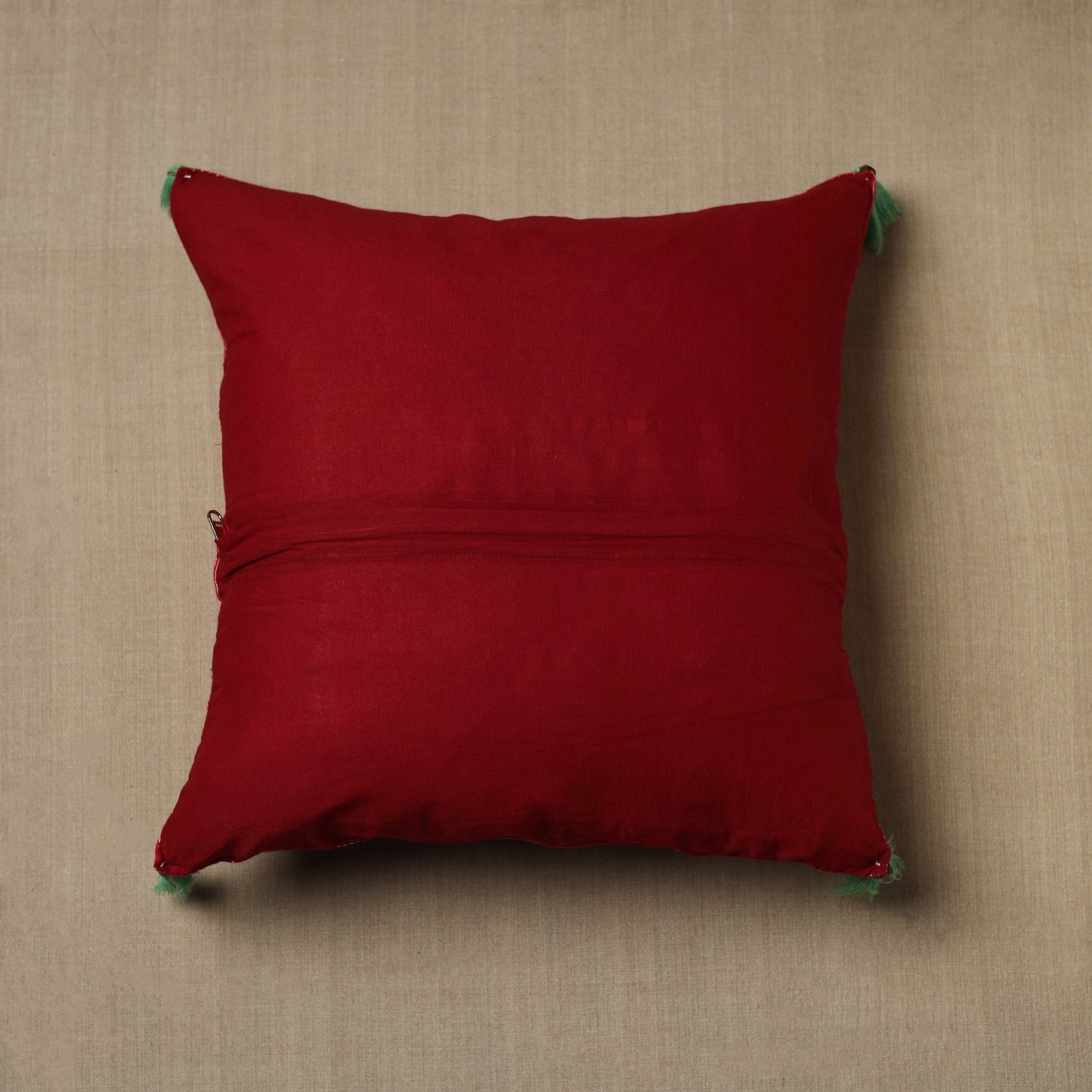 Red Kantha Stitch Ikat Cotton Cushion Cover (16 x 16 in) 11