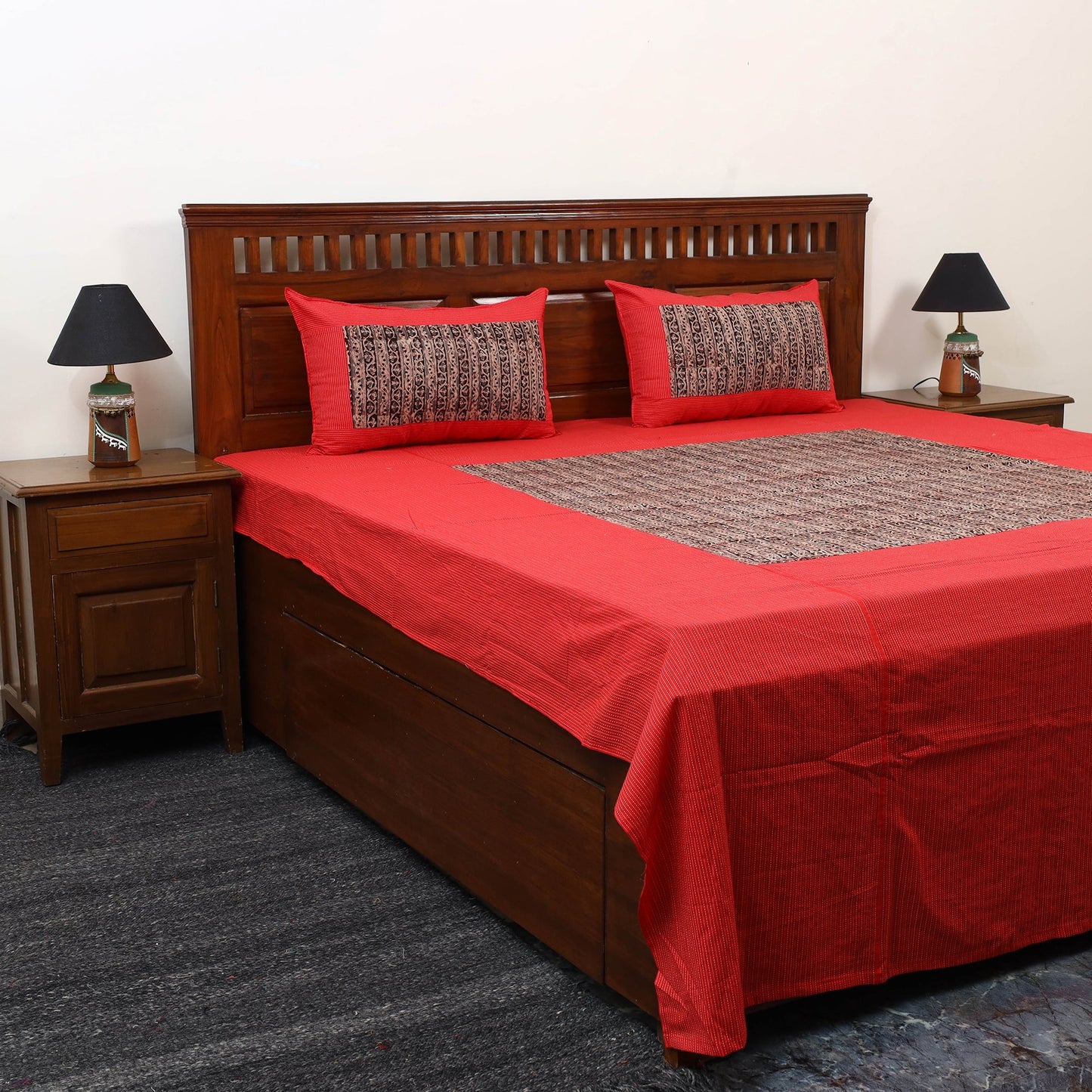 Red Kantha Stitch with Kalamkari Patch Cotton Bedsheet Set