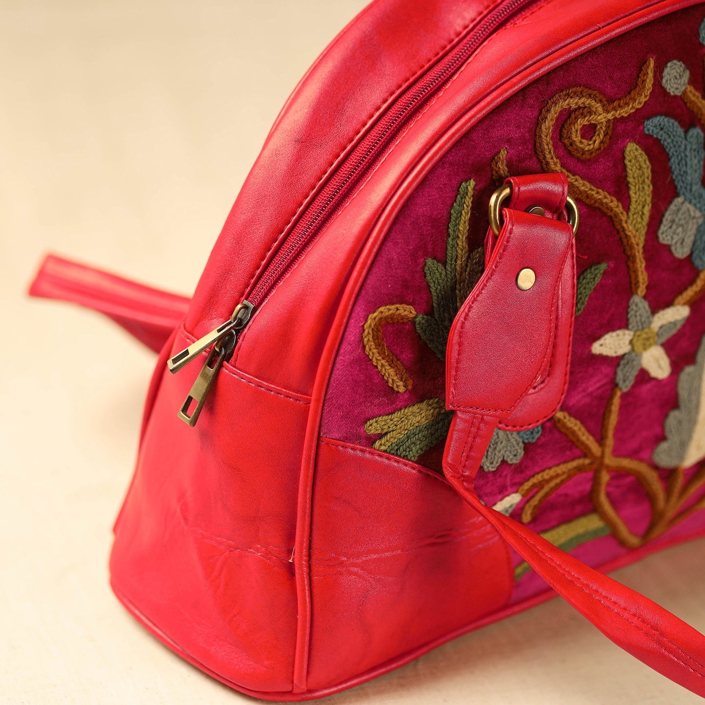 Red Kashmiri Crewel Hand Embroidered Leather Handbag