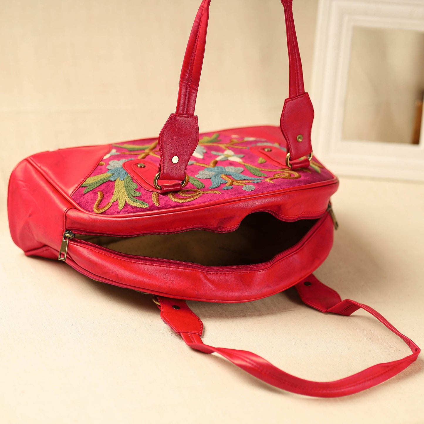 Red Kashmiri Crewel Hand Embroidered Leather Handbag