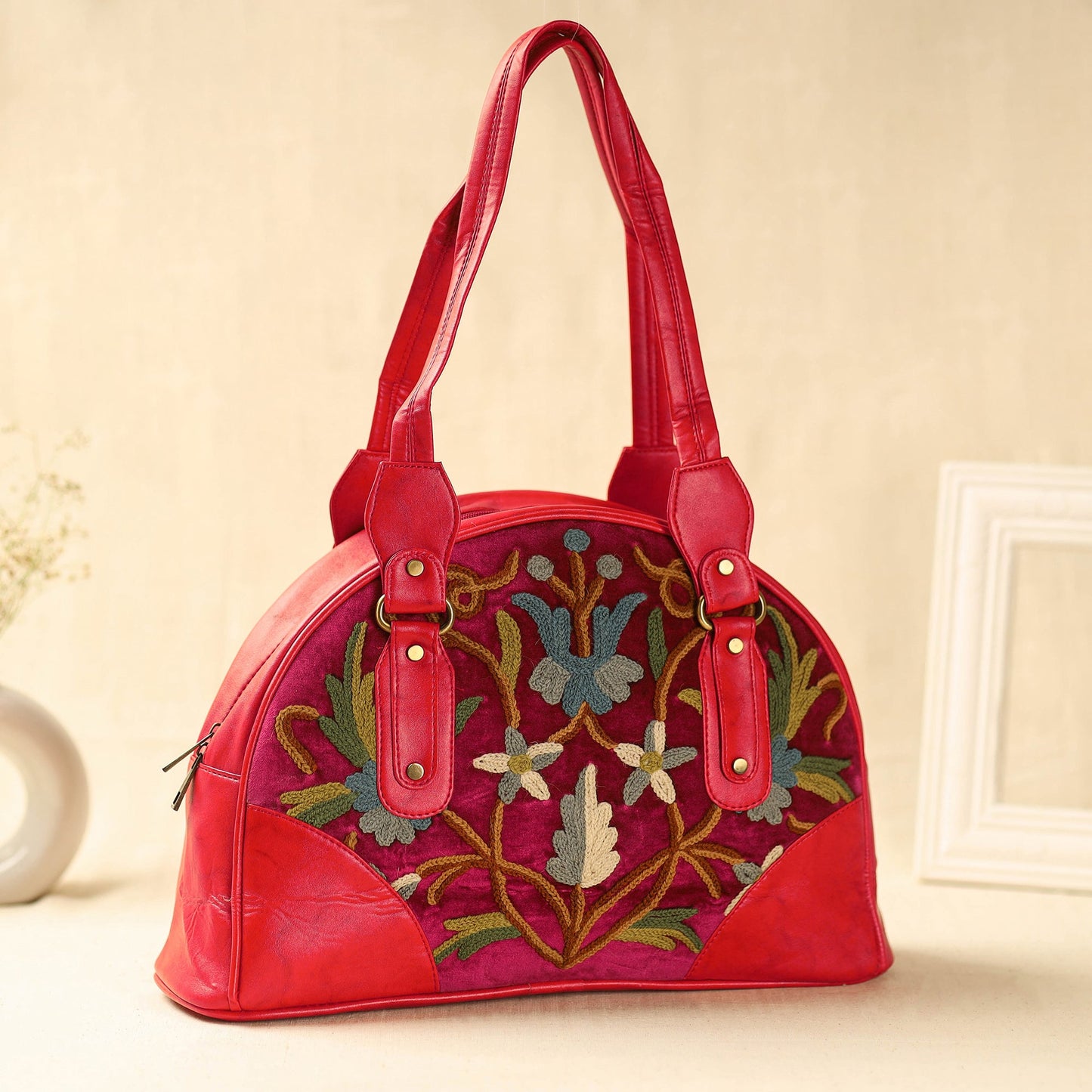 Red Kashmiri Crewel Hand Embroidered Leather Handbag
