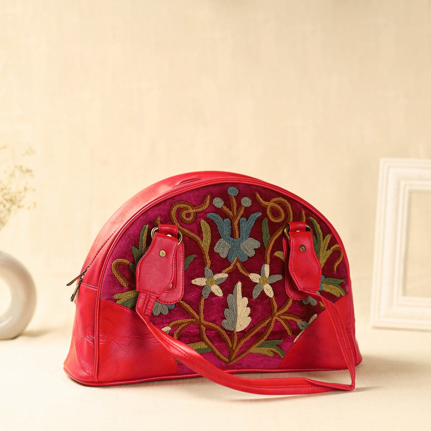 Red Kashmiri Crewel Hand Embroidered Leather Handbag