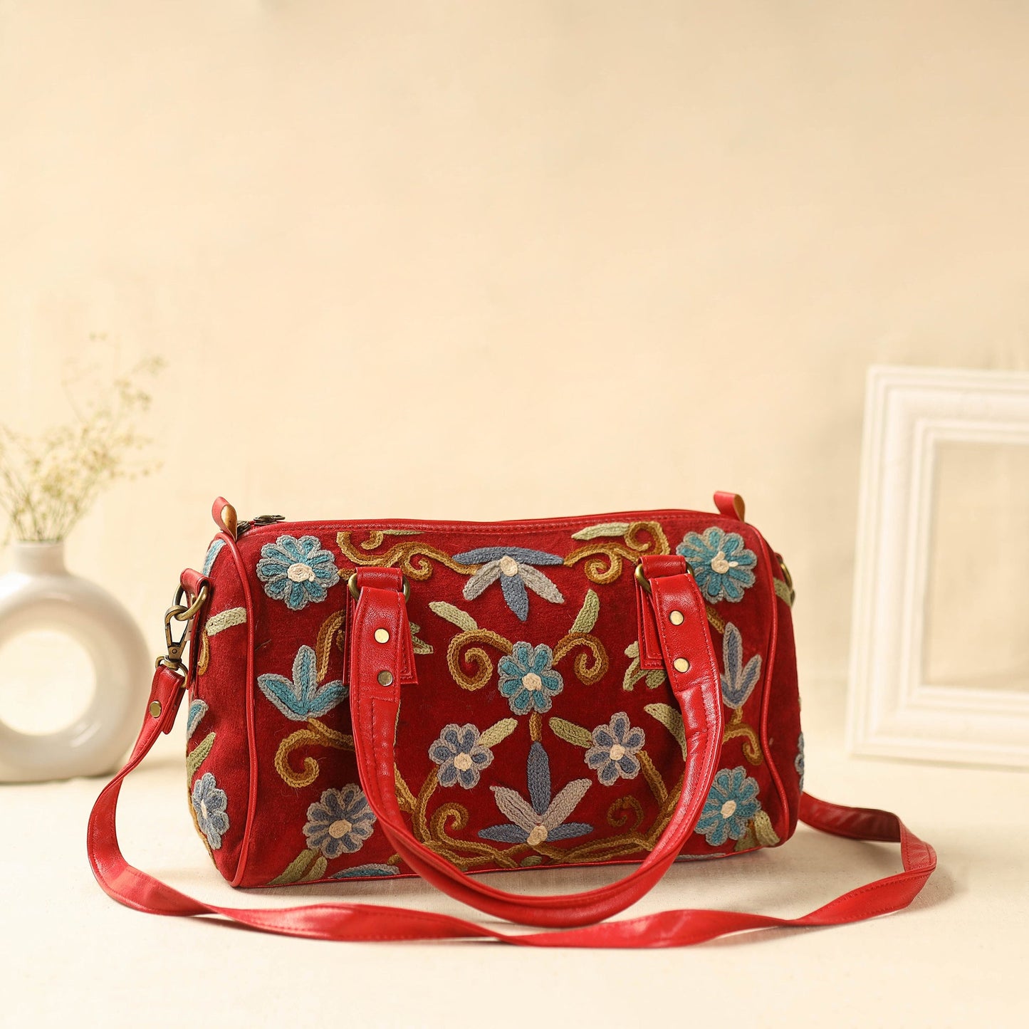 Red Kashmiri Crewel Hand Embroidery Handbag
