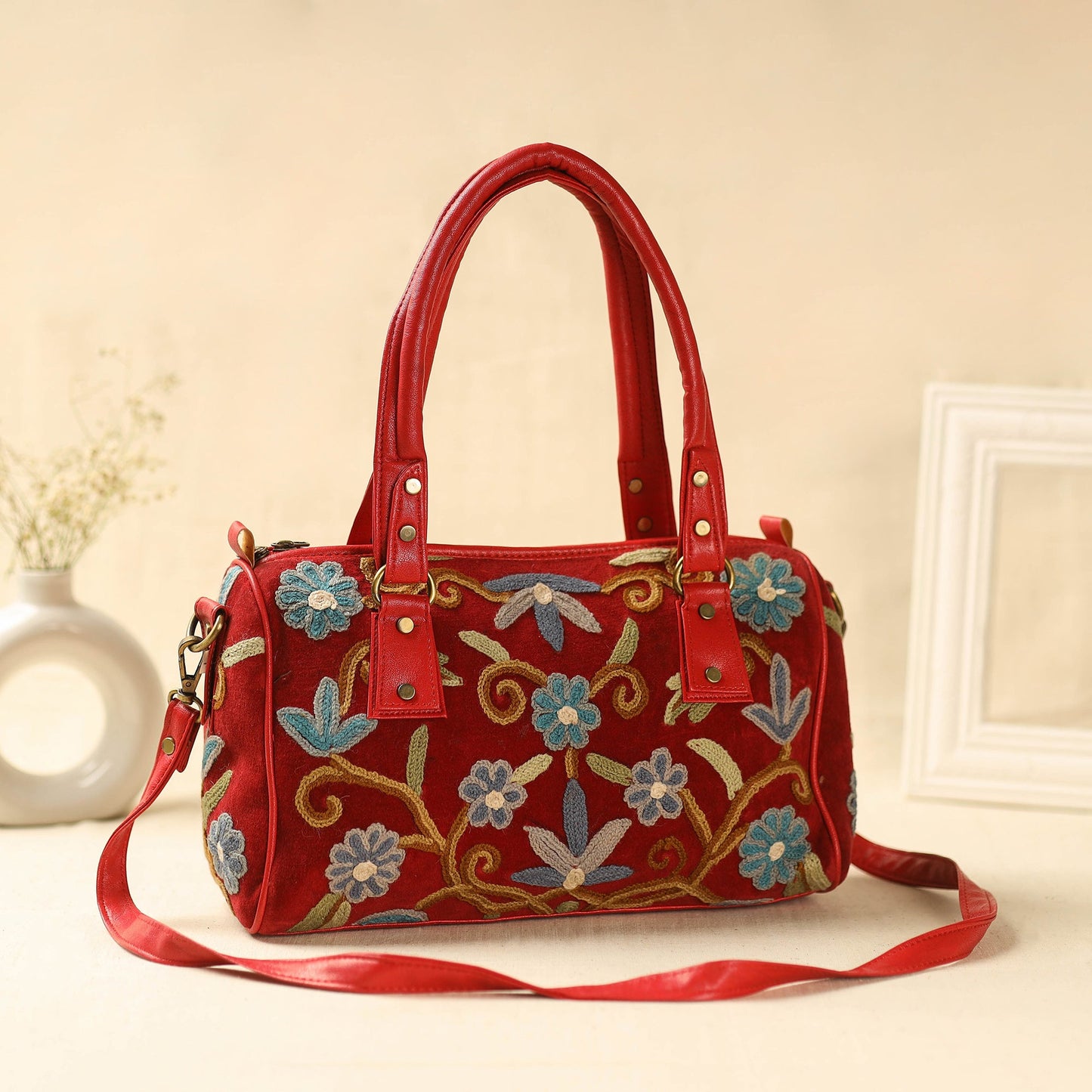 Red Kashmiri Crewel Hand Embroidery Handbag
