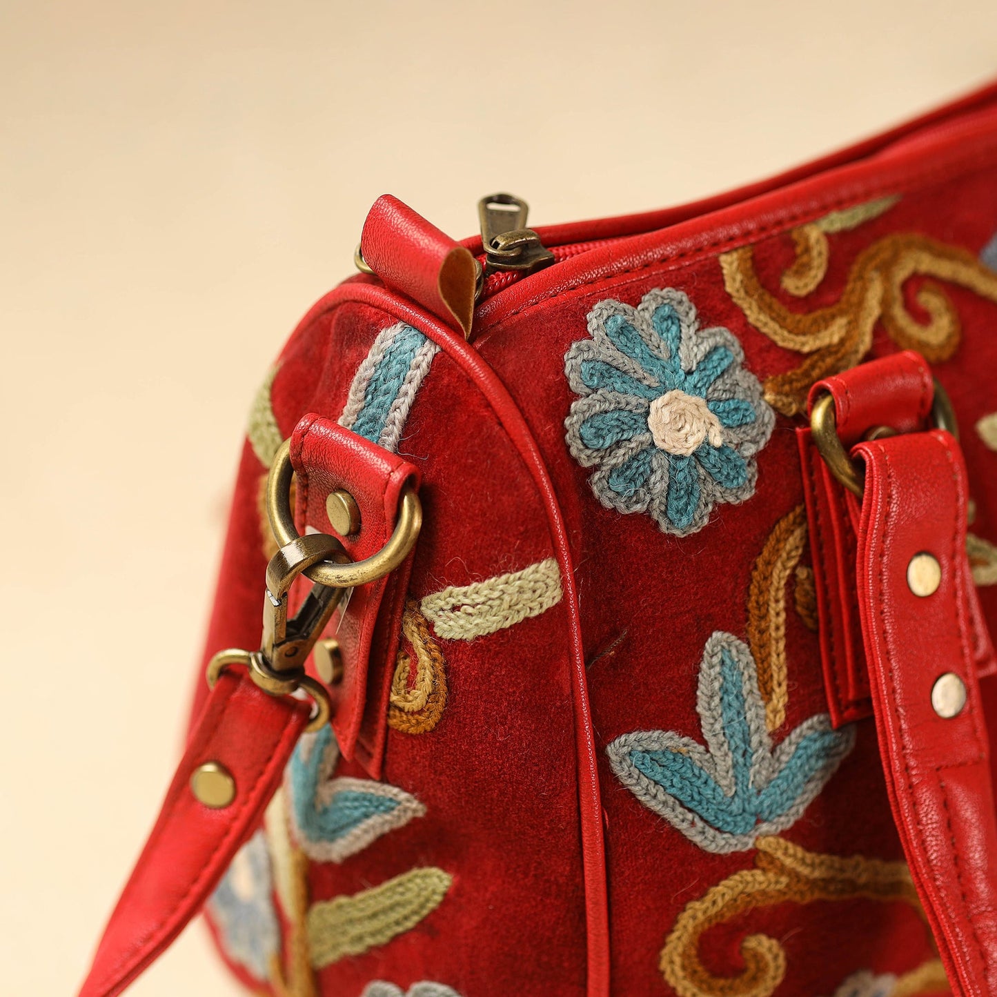 Red Kashmiri Crewel Hand Embroidery Handbag
