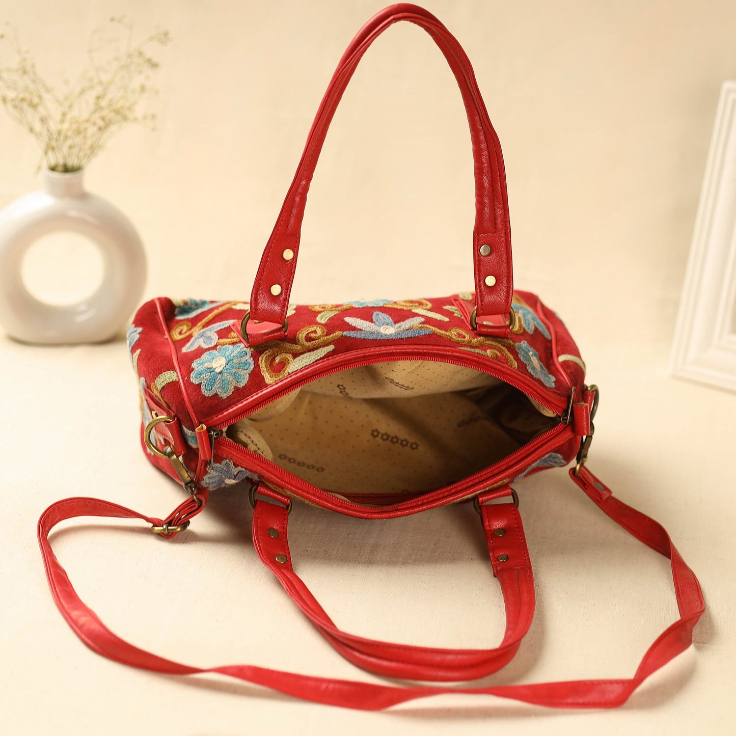 Red Kashmiri Crewel Hand Embroidery Handbag