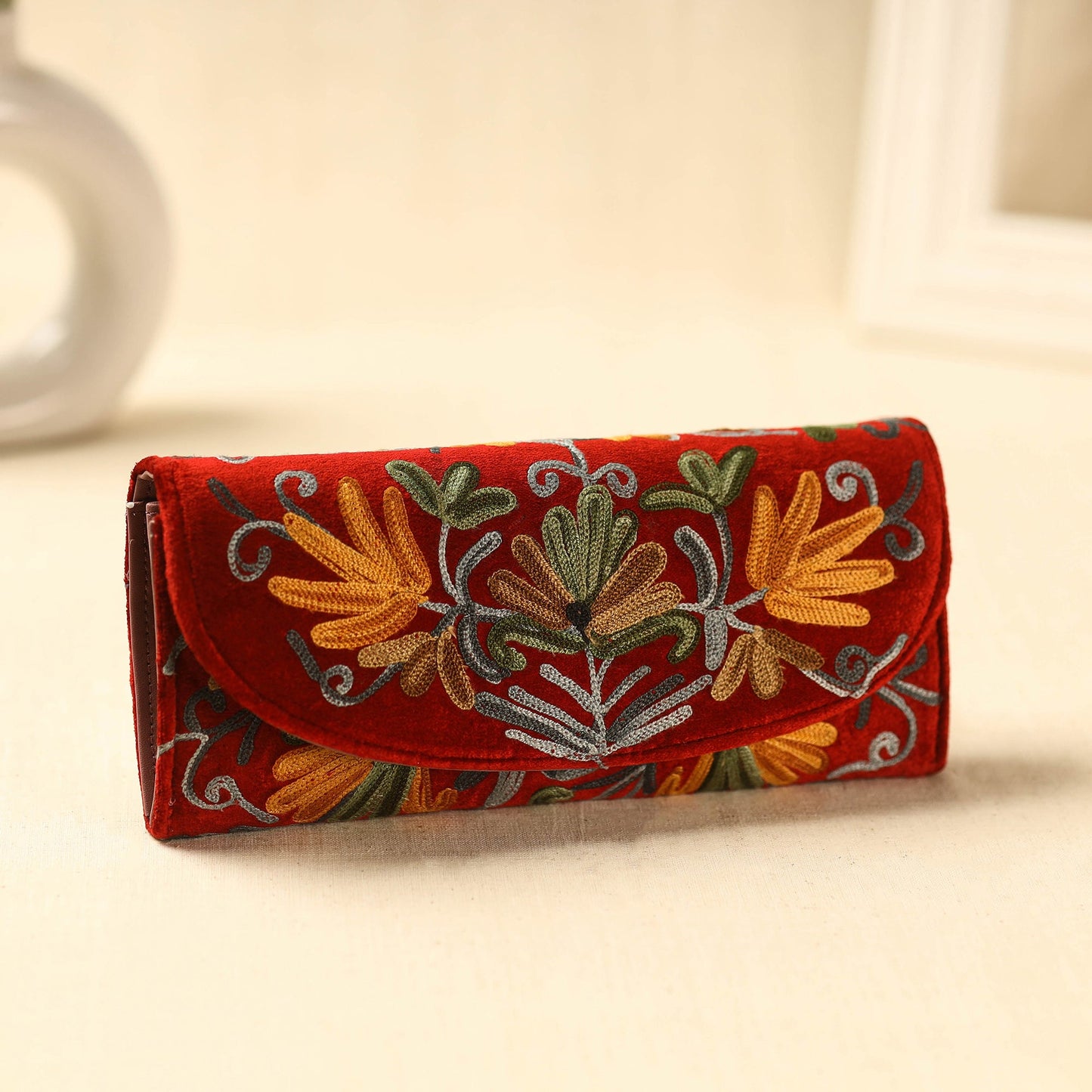 Red Kashmiri Crewel Hand Embroidery Velvet Travel Wallet