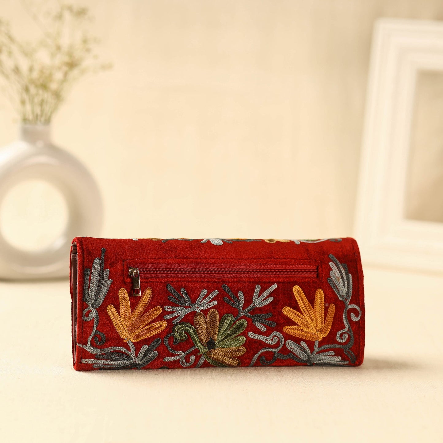 Red Kashmiri Crewel Hand Embroidery Velvet Travel Wallet