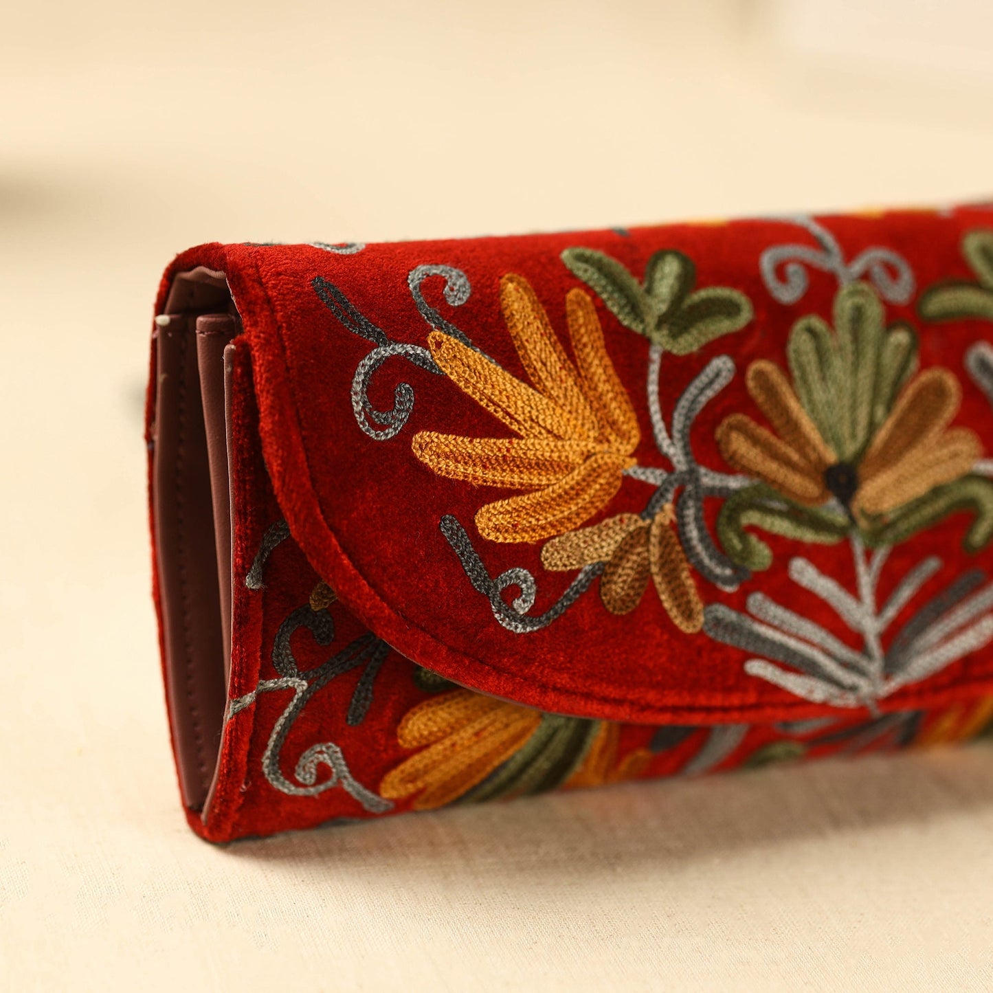 Red Kashmiri Crewel Hand Embroidery Velvet Travel Wallet