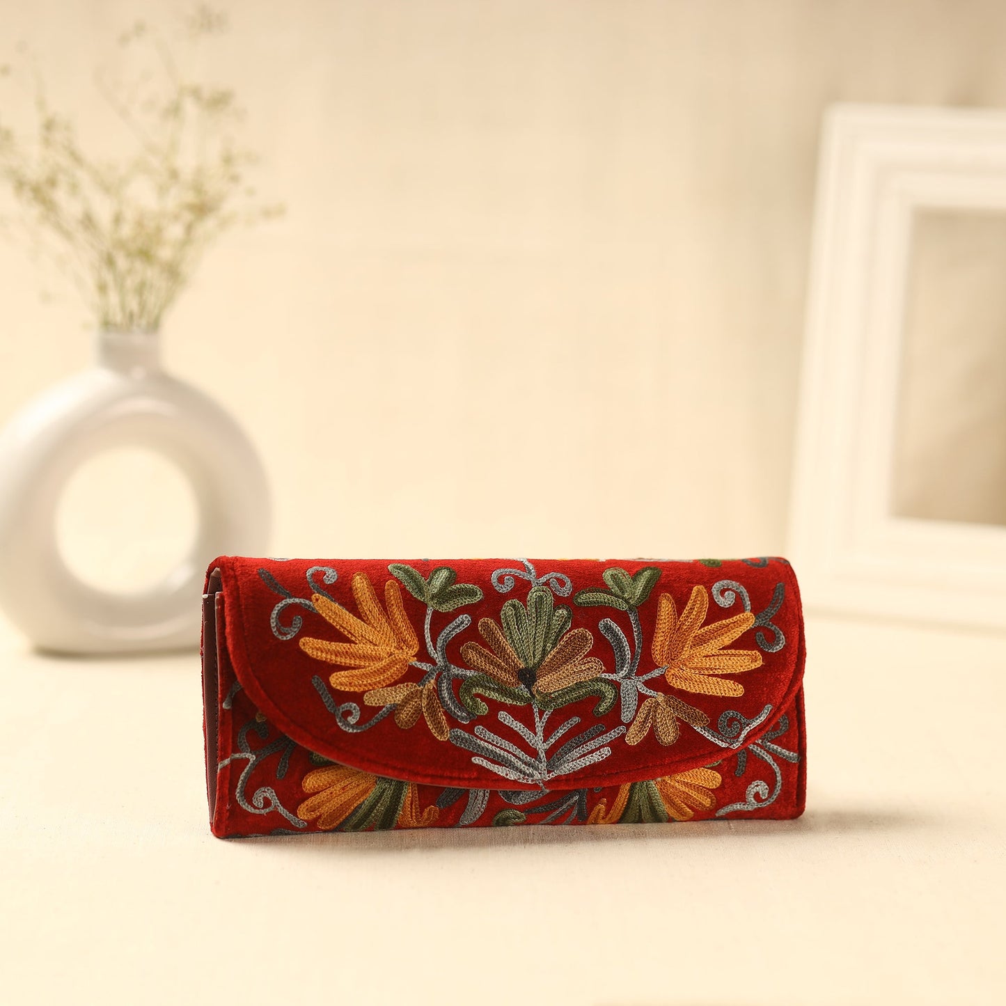 Red Kashmiri Crewel Hand Embroidery Velvet Travel Wallet