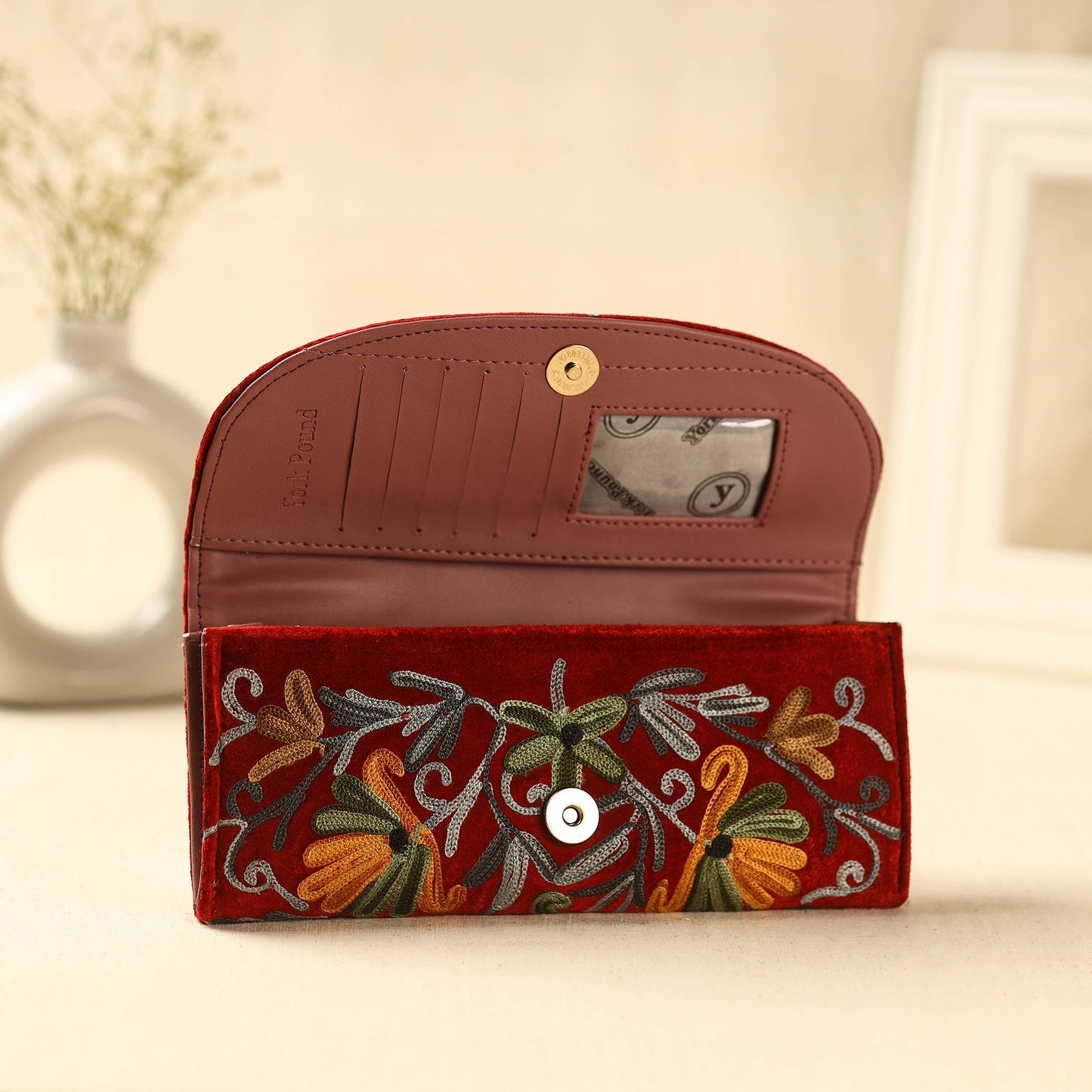 Red Kashmiri Crewel Hand Embroidery Velvet Travel Wallet