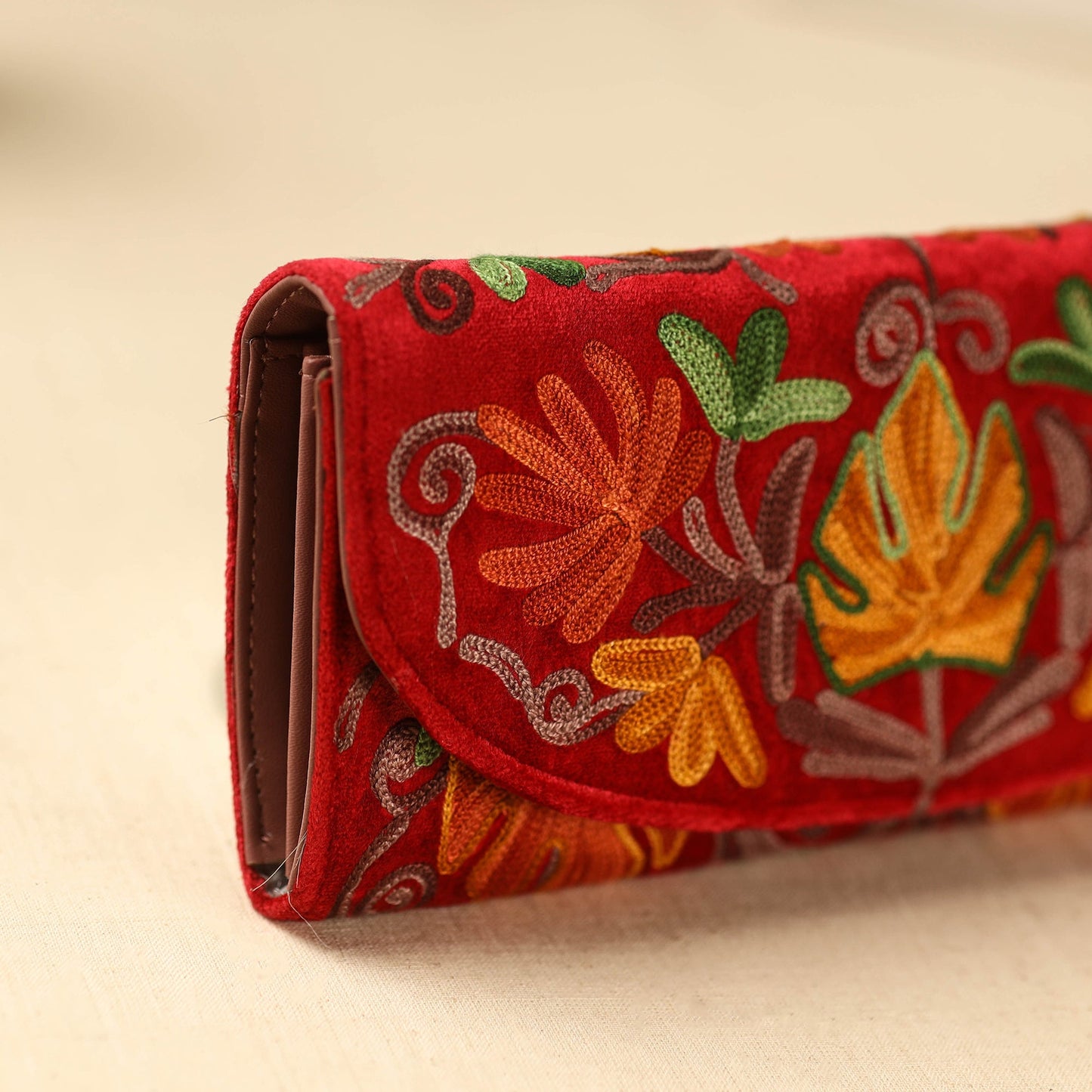 Red Kashmiri Crewel Hand Embroidery Velvet Travel Wallet