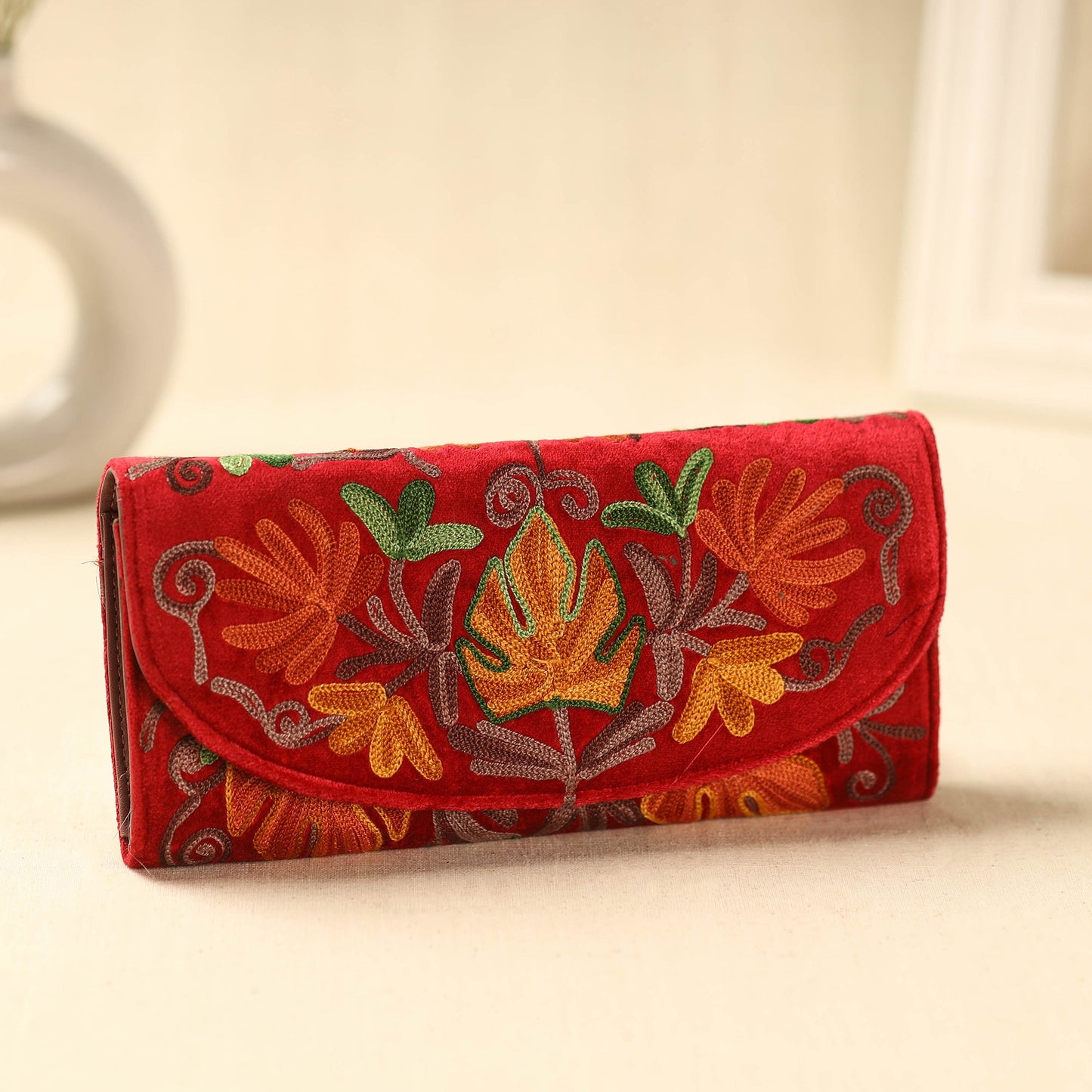 Red Kashmiri Crewel Hand Embroidery Velvet Travel Wallet