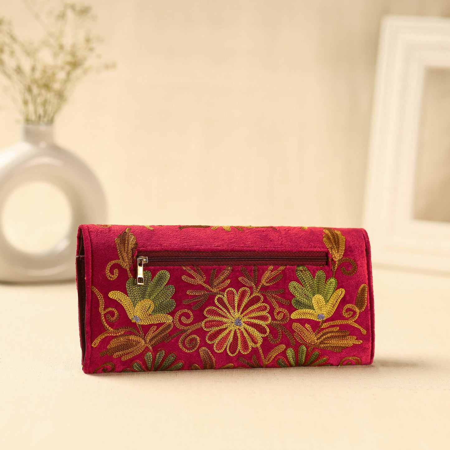 Red Kashmiri Crewel Hand Embroidery Velvet Travel Wallet
