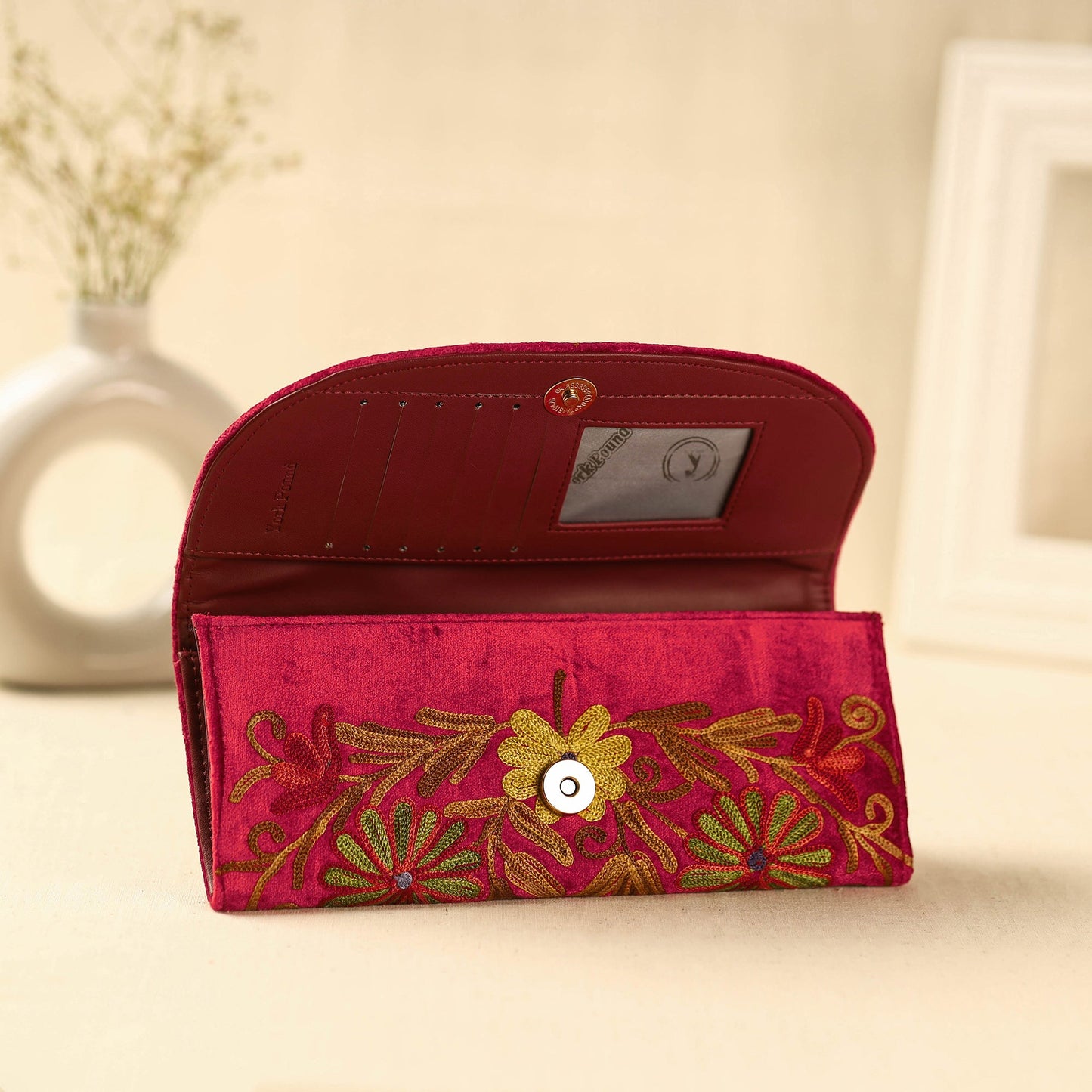 Red Kashmiri Crewel Hand Embroidery Velvet Travel Wallet