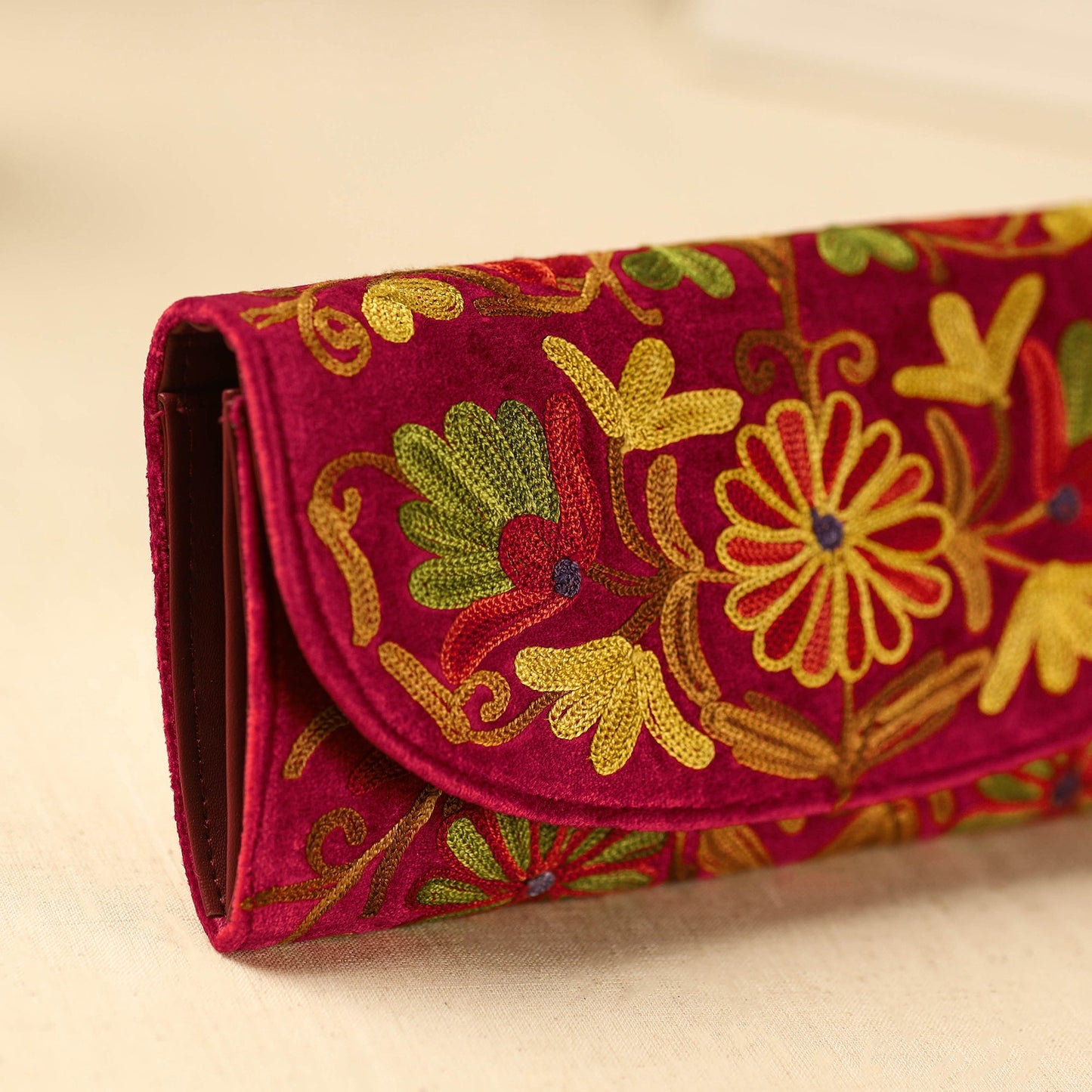 Red Kashmiri Crewel Hand Embroidery Velvet Travel Wallet