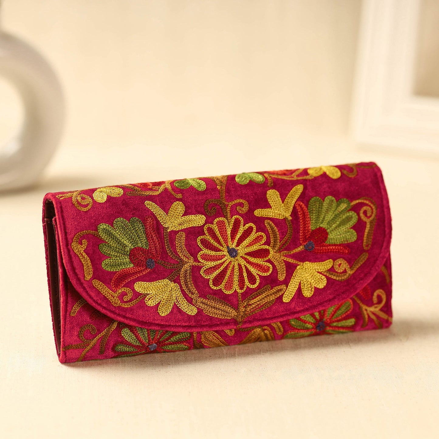 Red Kashmiri Crewel Hand Embroidery Velvet Travel Wallet
