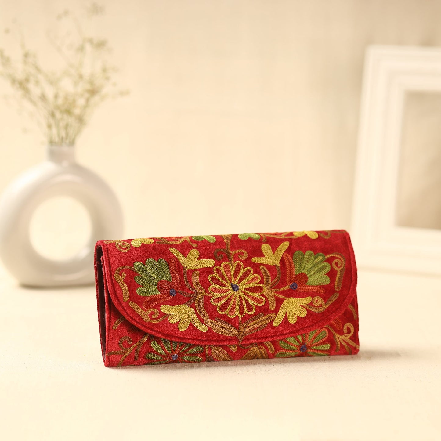 Red Kashmiri Crewel Hand Embroidery Velvet Travel Wallet