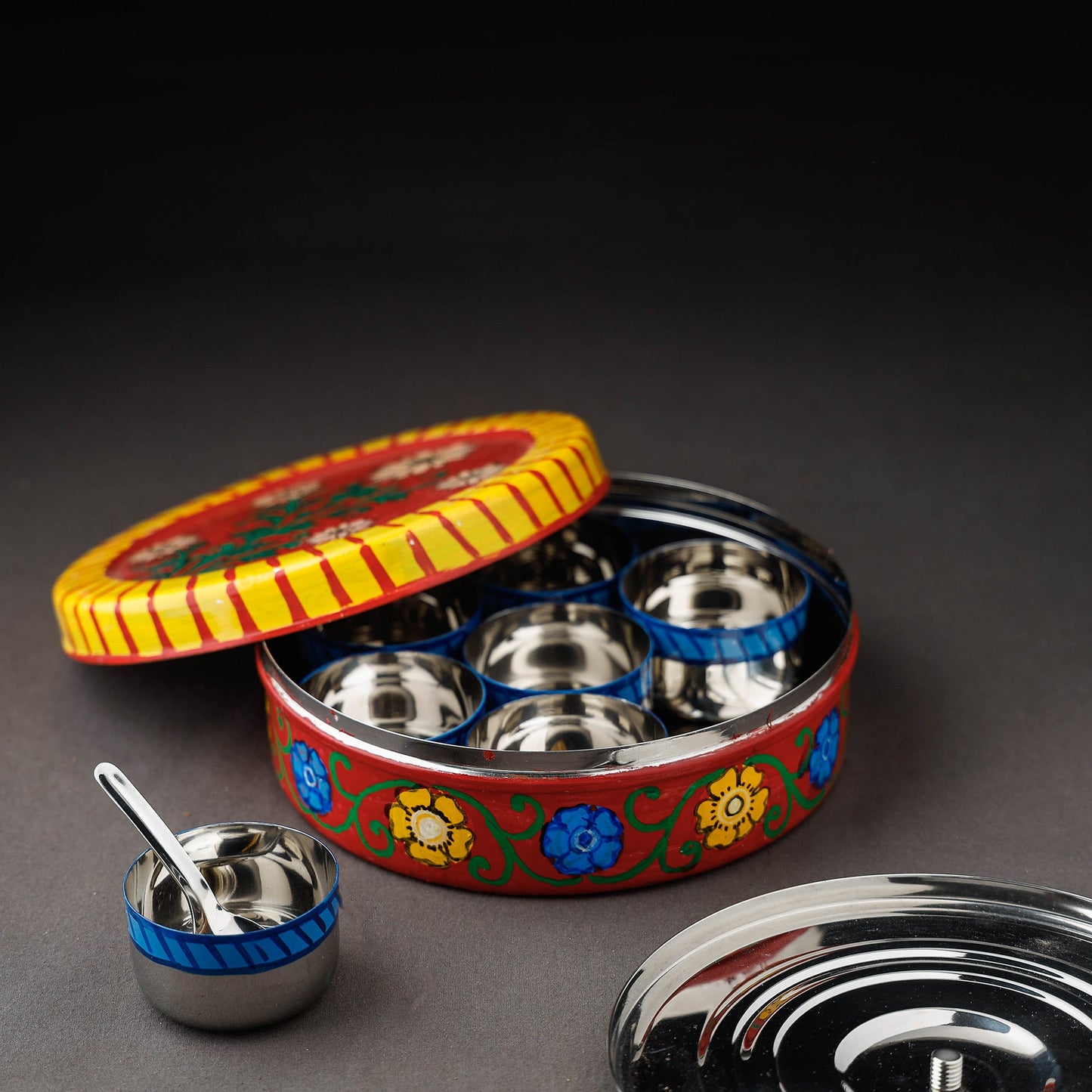 Kavad Handpainted Stainless Steel Red Masala Box