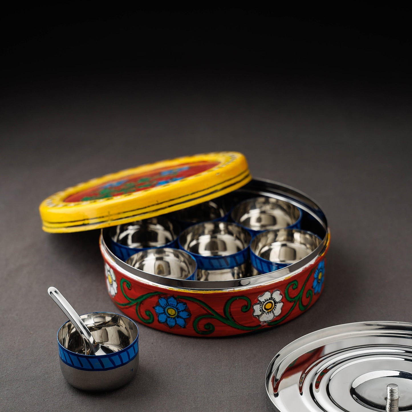 Kavad Handpainted Stainless Steel Red Masala Box