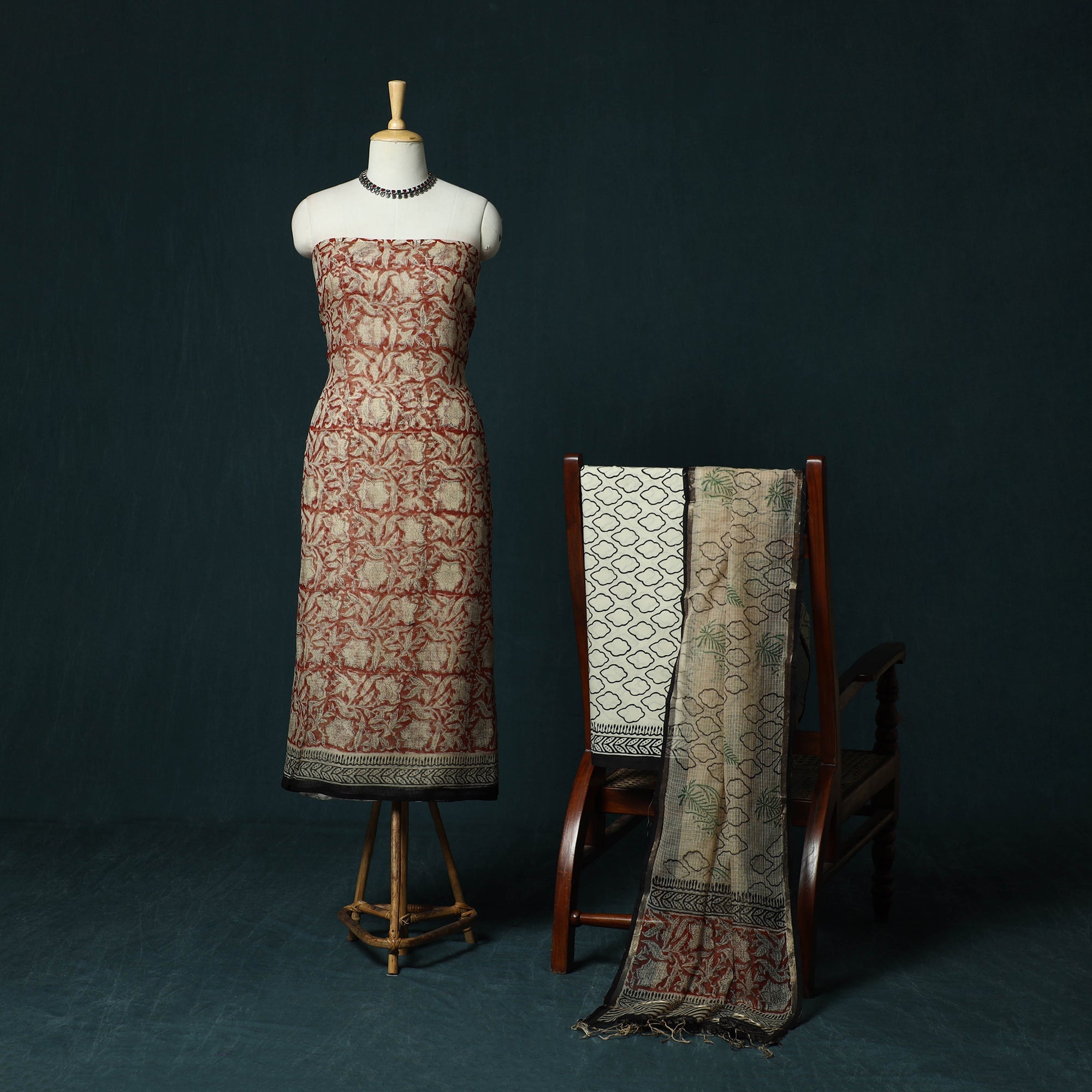 Red Kota Doria Cotton Hand Block Bagru Print 3pc Unstitched Dress Material Suit Sets