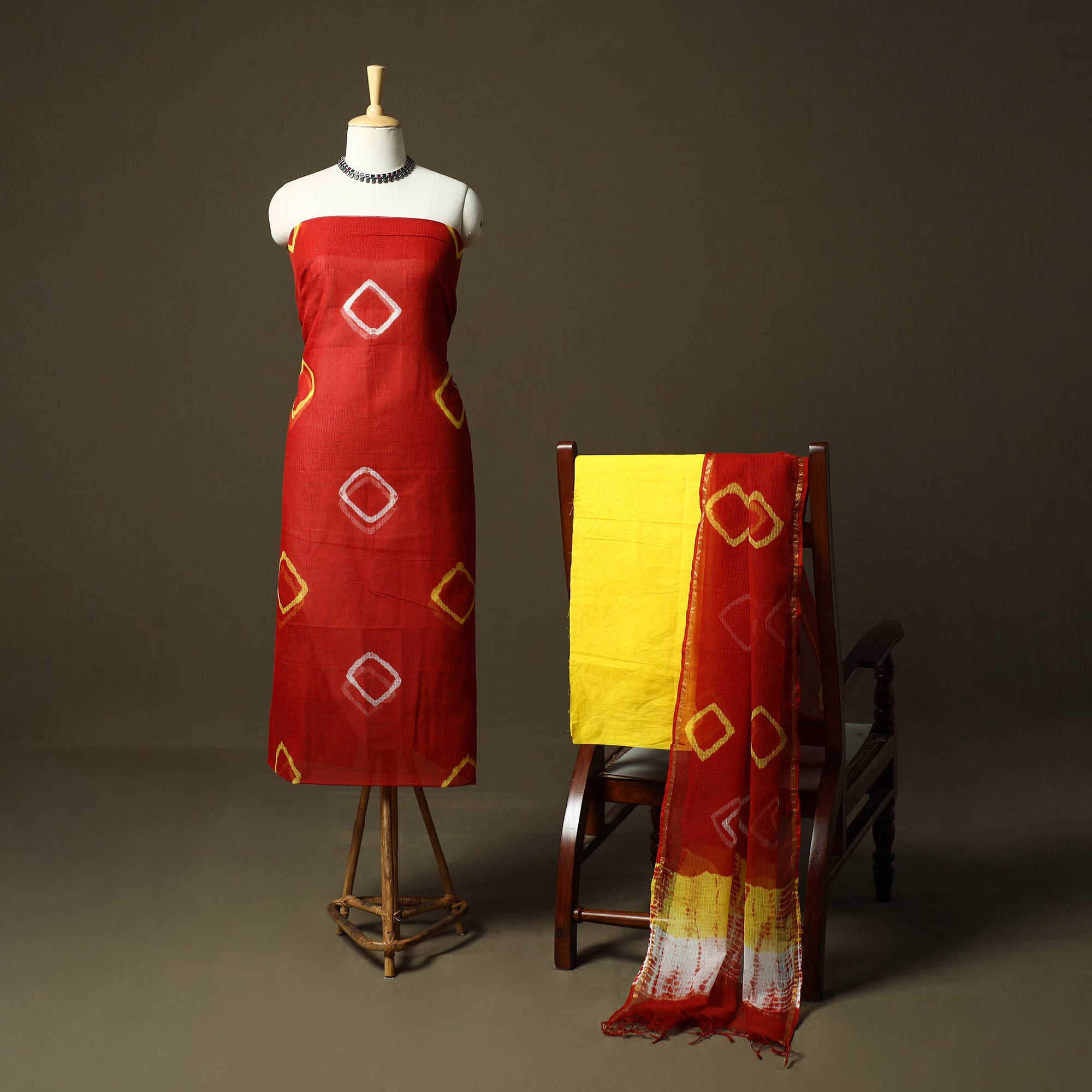 Red Kota Doria Cotton Shibori Tie-Dye 3pc Unstitched Dress Material Suit Sets