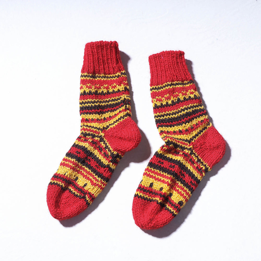 Red Kumaun Hand Knitted Woolen Socks - Kids