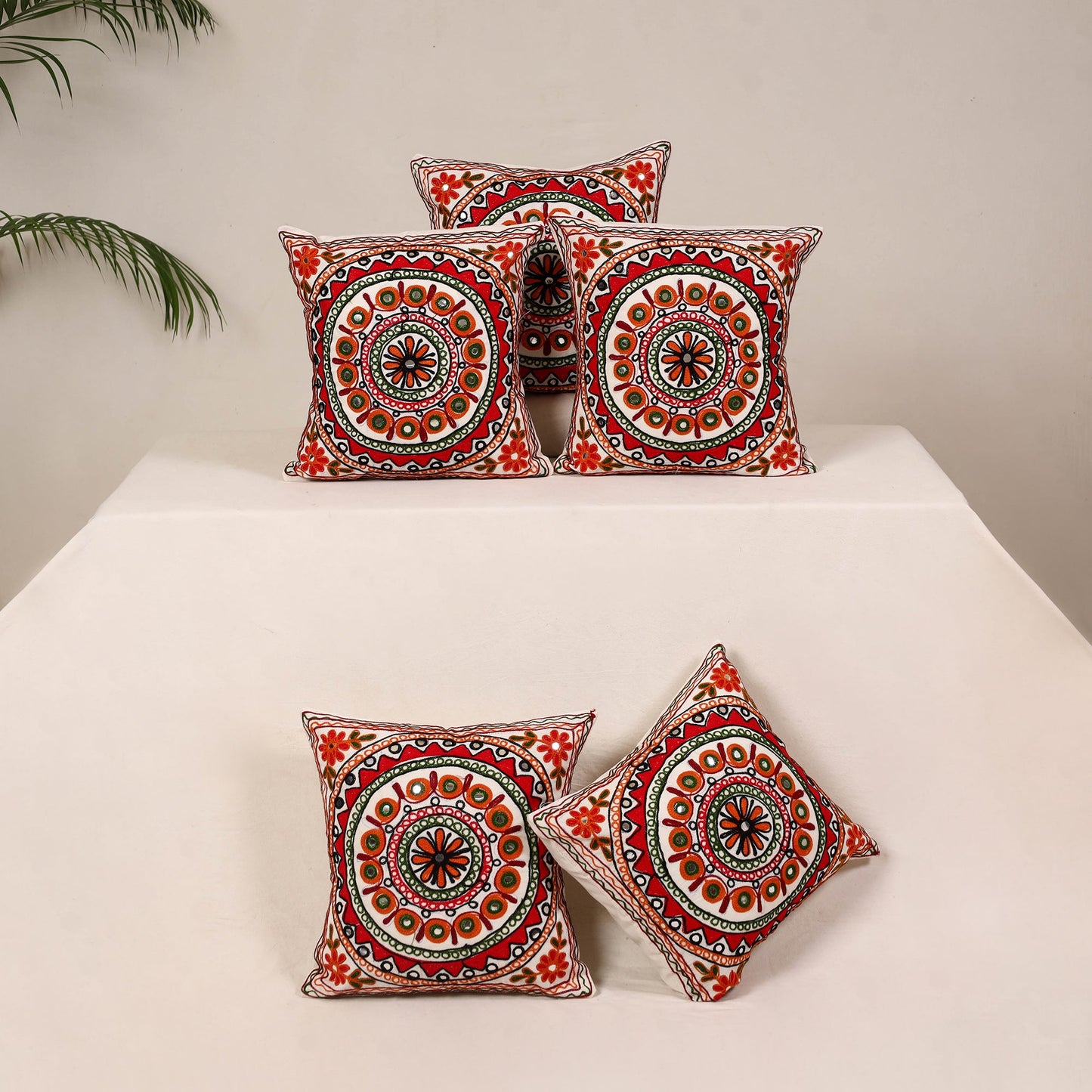 Red - kutch aari hand embroidery cushion cover (set of 5)