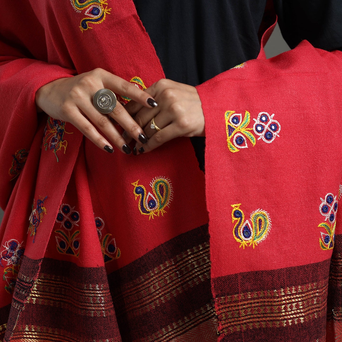 Red Kutch Ahir Hand Embroidery Woollen Shawl