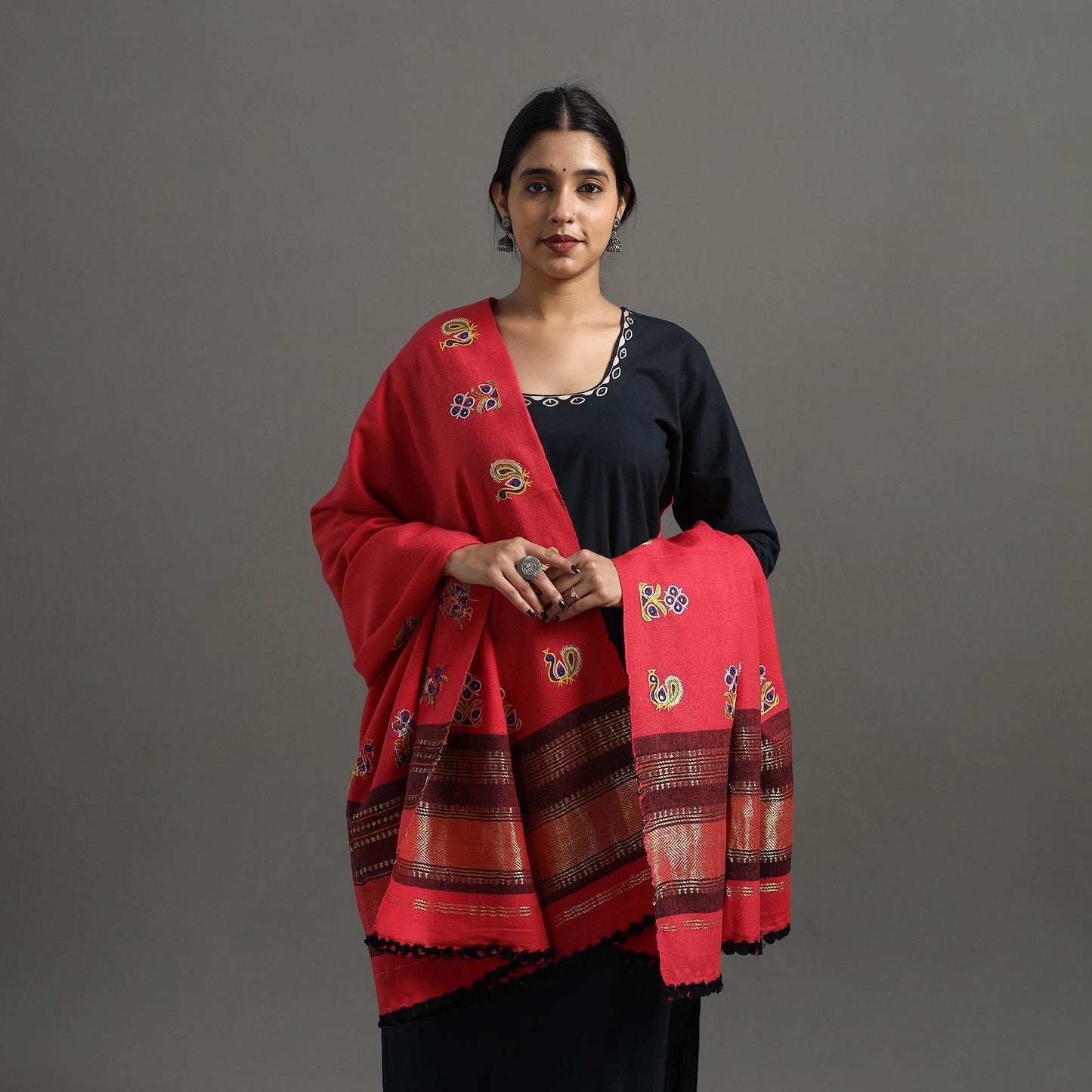 Red Kutch Ahir Hand Embroidery Woollen Shawl