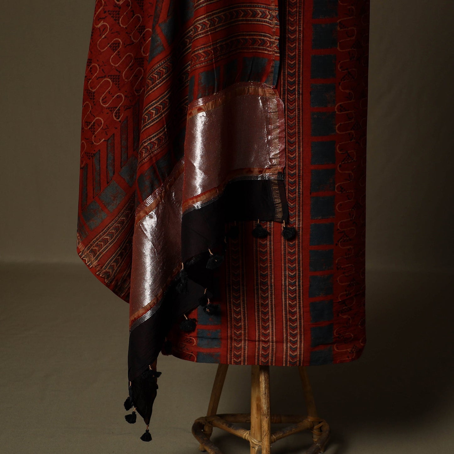 Kutch hand block ajrakh print natural dyed chanderi silk