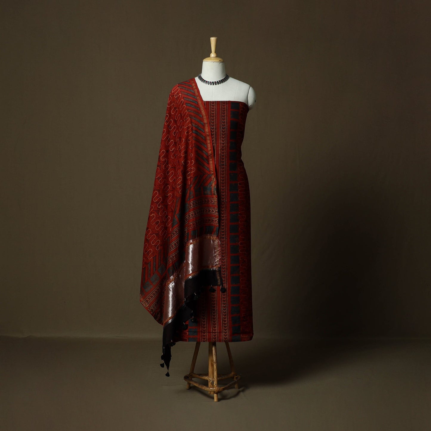 Kutch hand block ajrakh print natural dyed chanderi silk