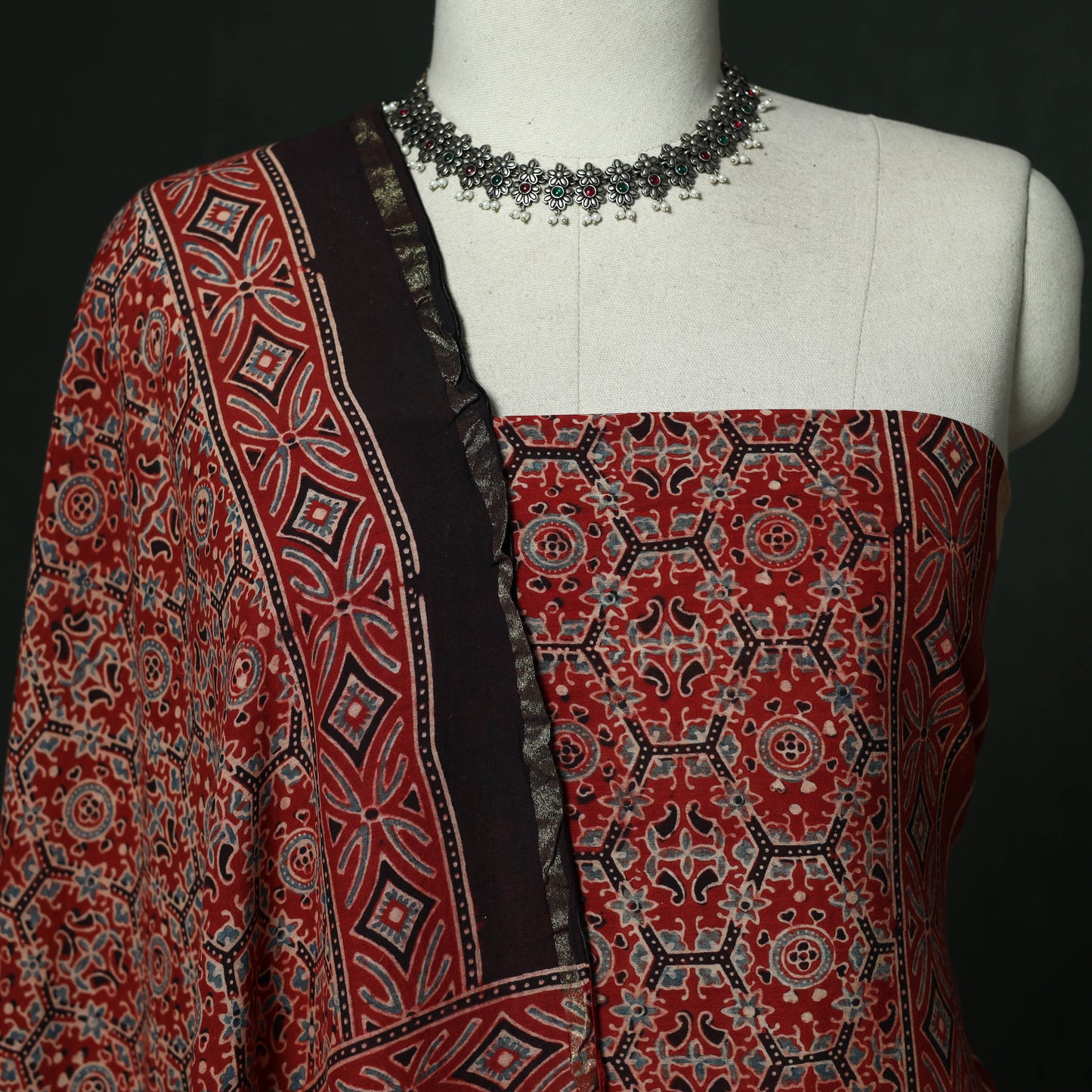 Kutch hand block ajrakh print natural dyed chanderi silk