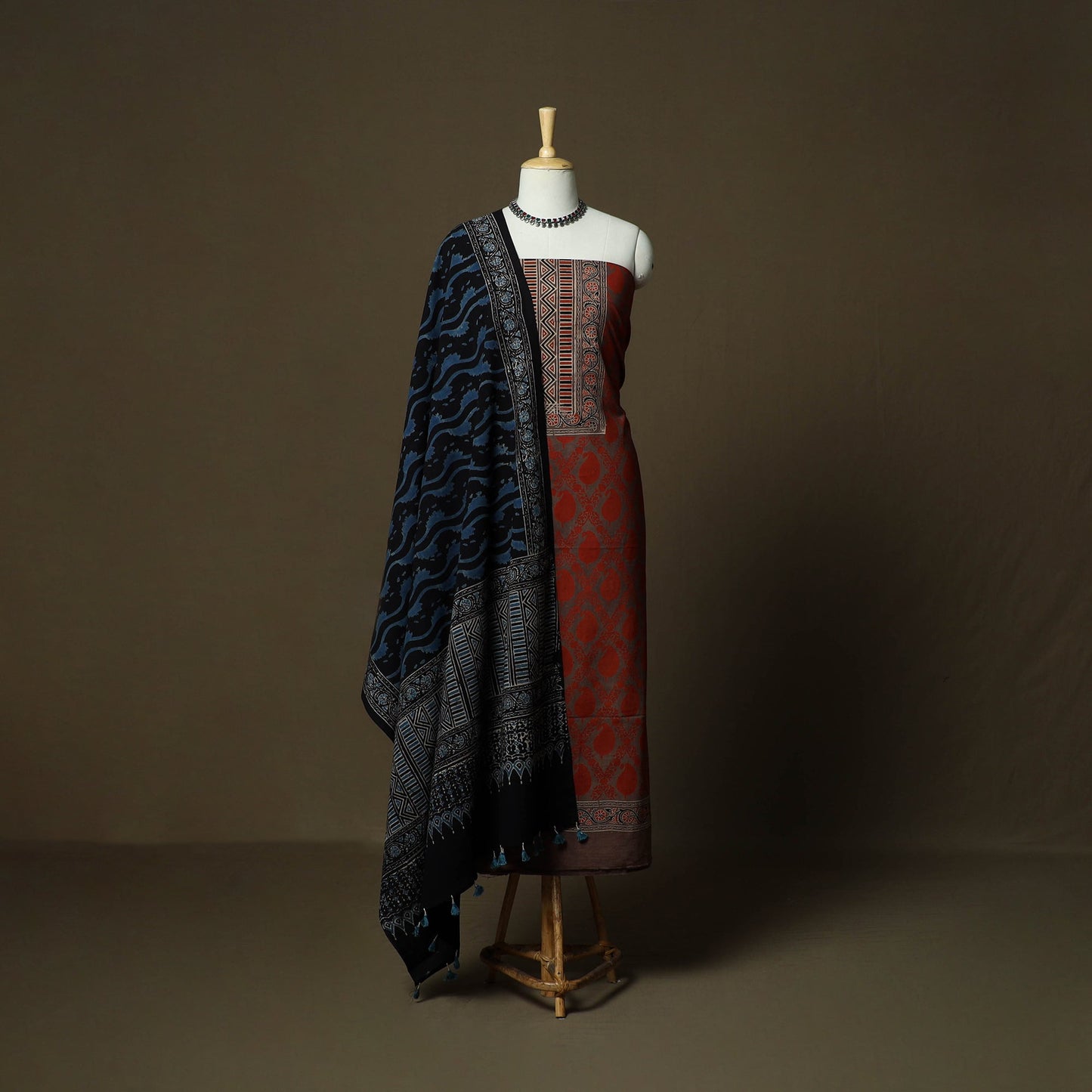 Kutch hand block ajrakh print natural dyed cotton 3pc