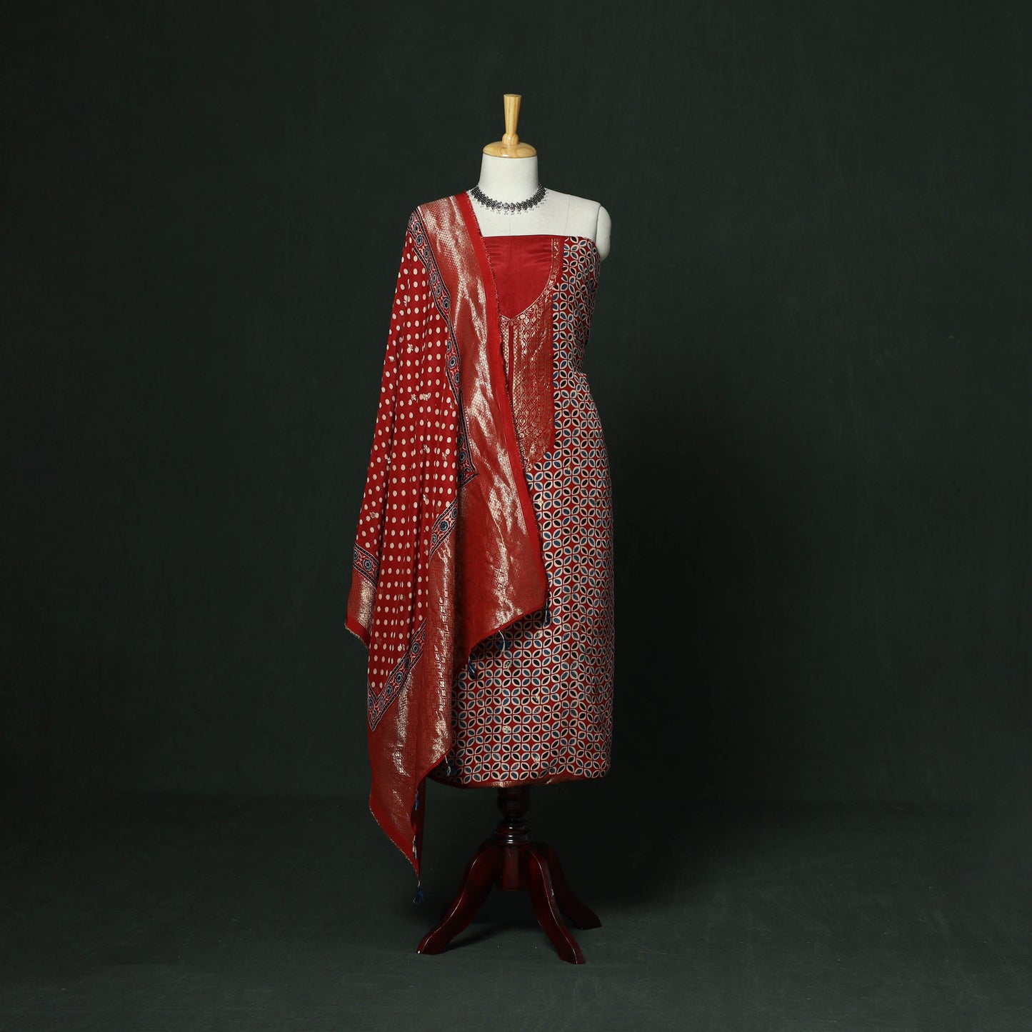Kutch hand block ajrakh print natural dyed dola silk zari
