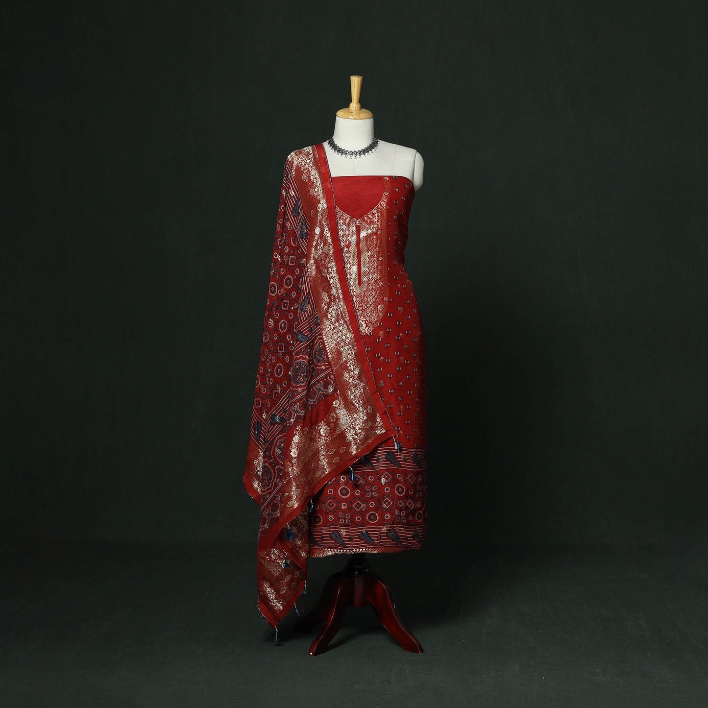 Kutch hand block ajrakh print natural dyed dola silk zari
