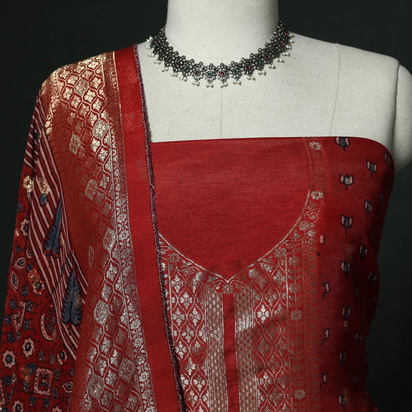Kutch hand block ajrakh print natural dyed dola silk zari