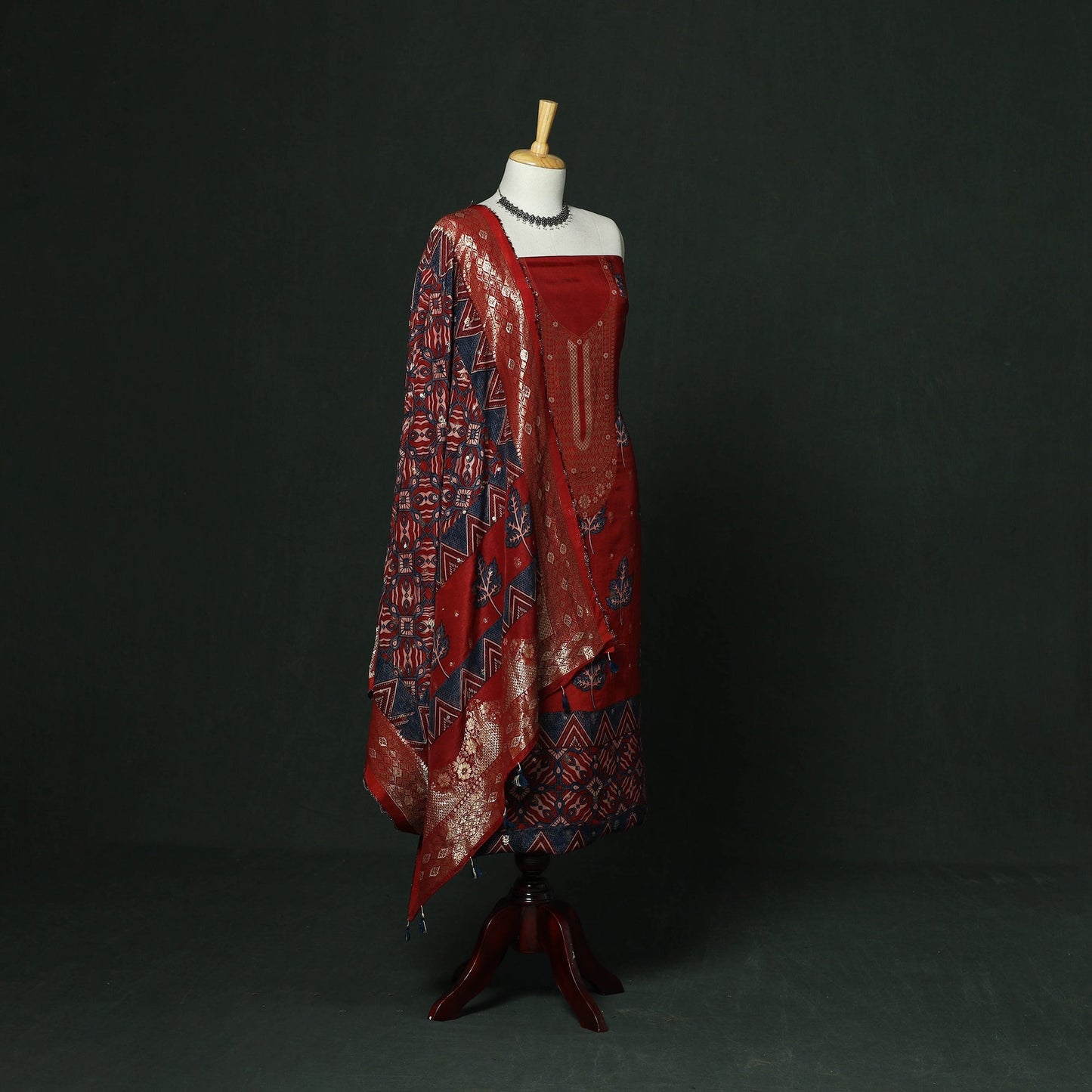 Kutch hand block ajrakh print natural dyed dola silk zari