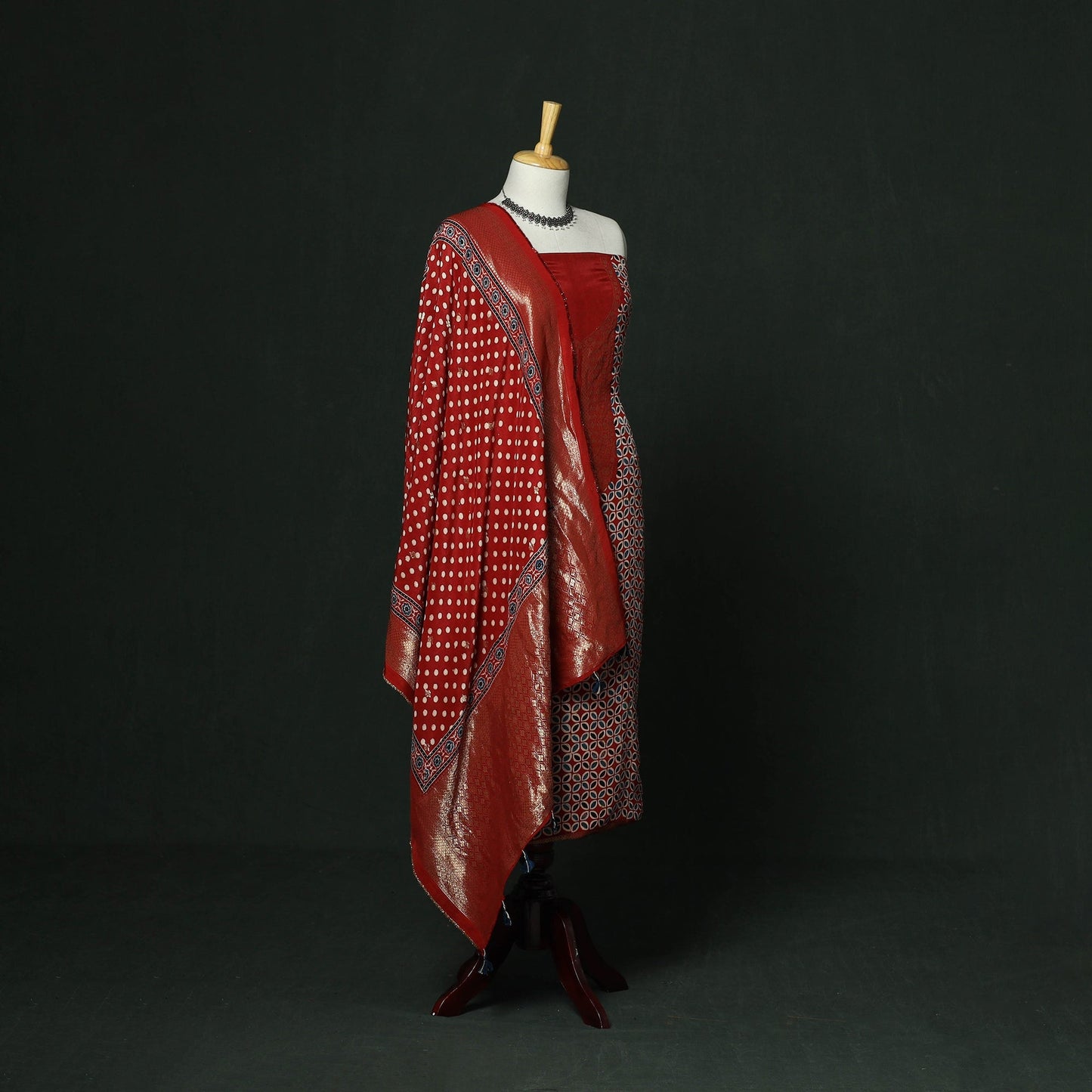 Kutch hand block ajrakh print natural dyed dola silk zari