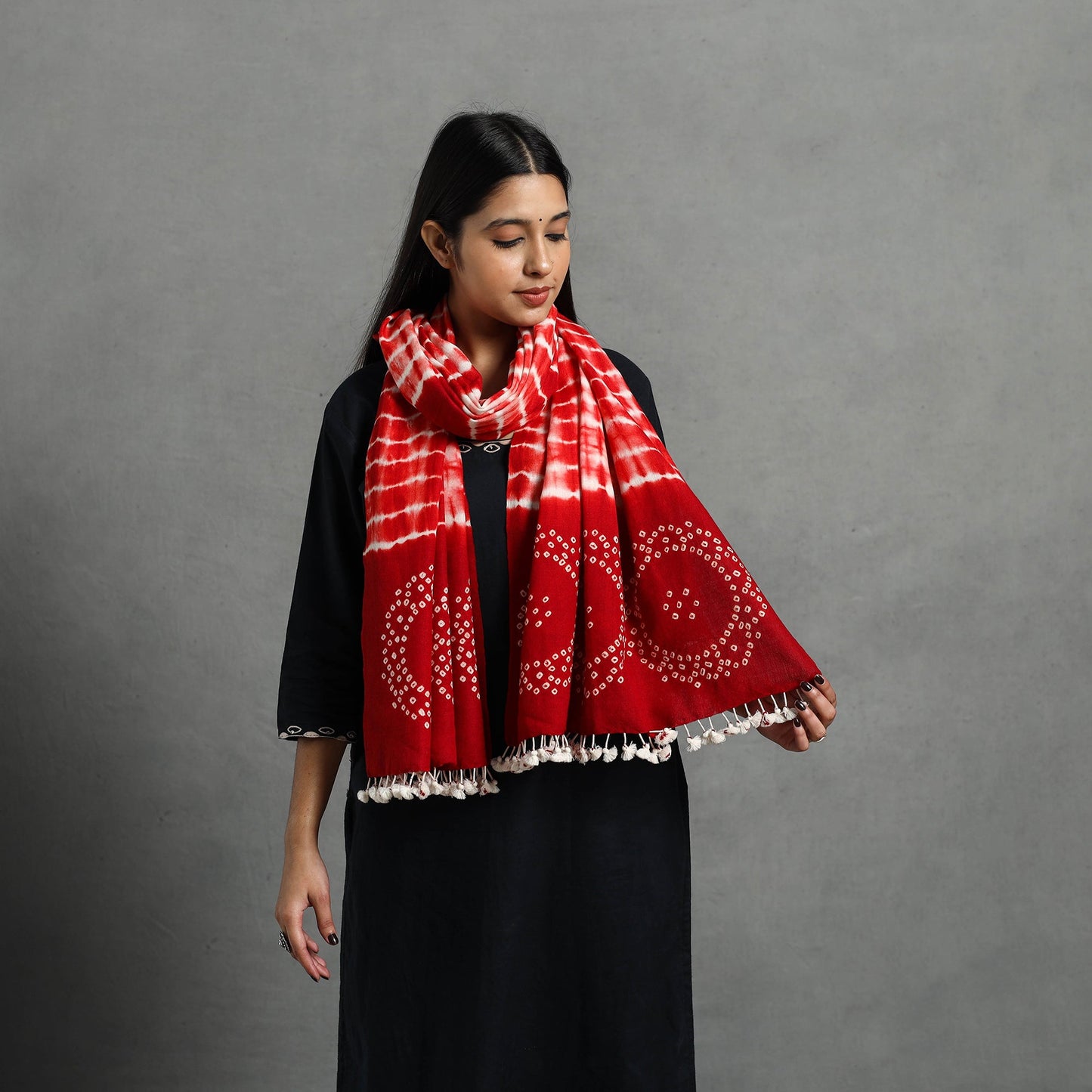 Red Kutch Handwoven Merino Wool Shibori & Bandhani Stole
