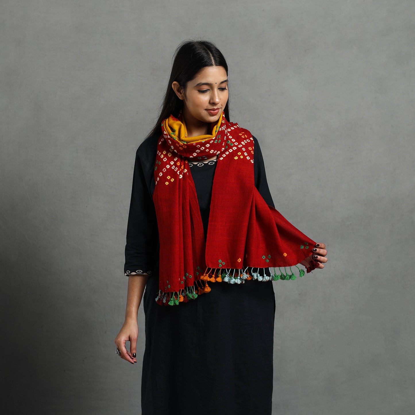Red Kutch Handwoven Merino Wool Bandhani Stole