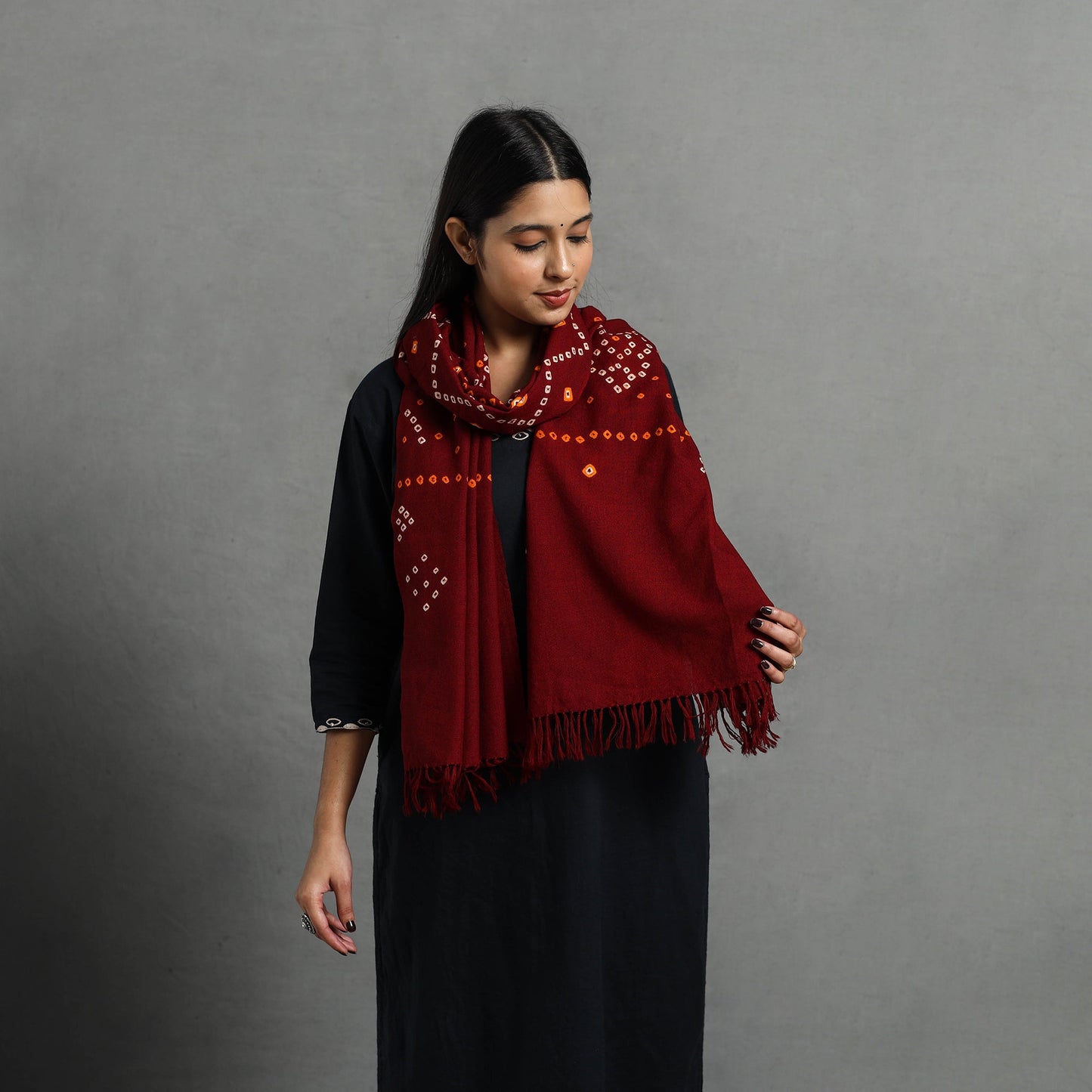 Red - kutch handwoven merino wool tie-dye bandhani stole 22