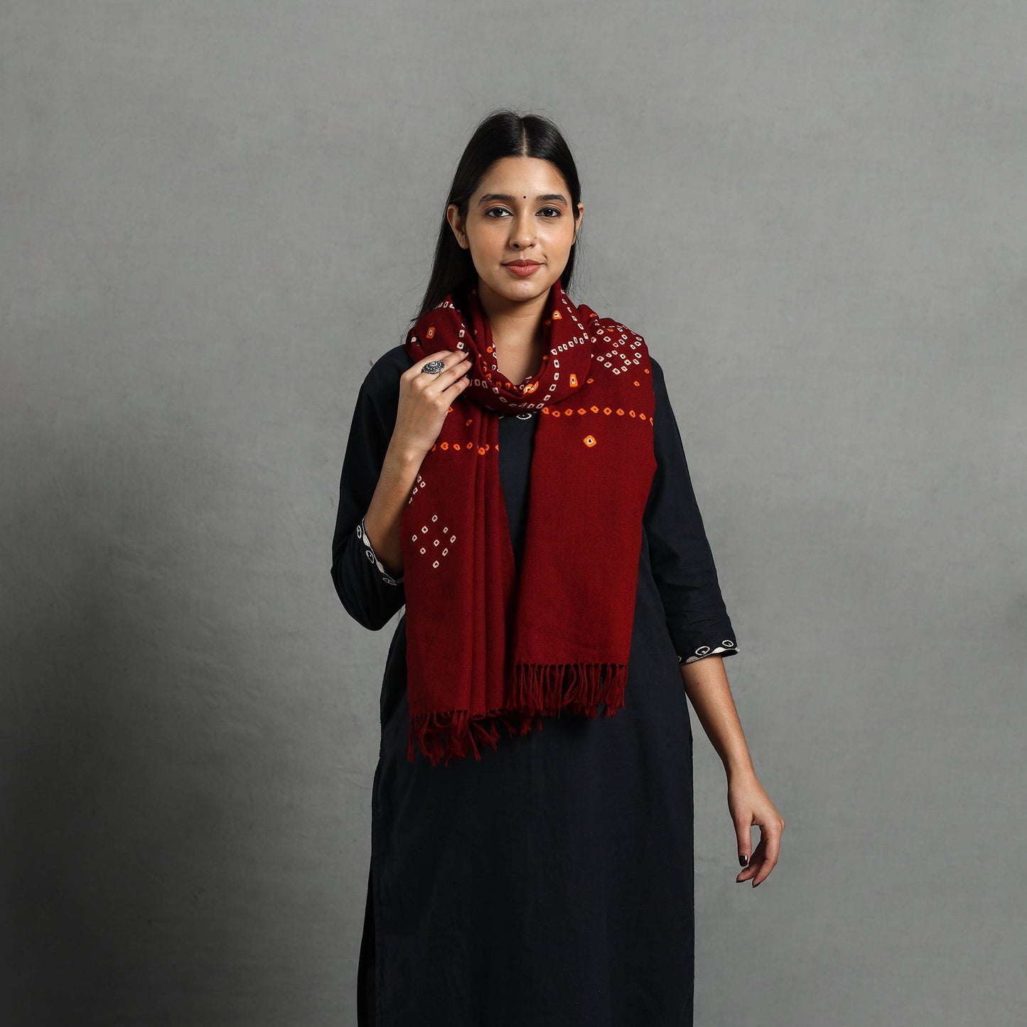 Red - kutch handwoven merino wool tie-dye bandhani stole 22