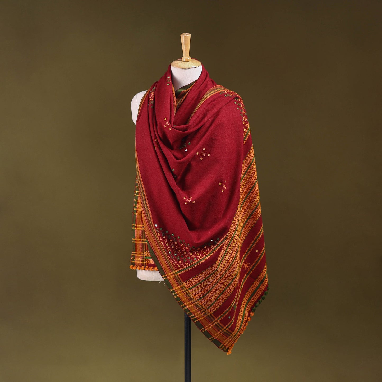 Red - kutch bhujodi handwoven mirror work acrylic wool