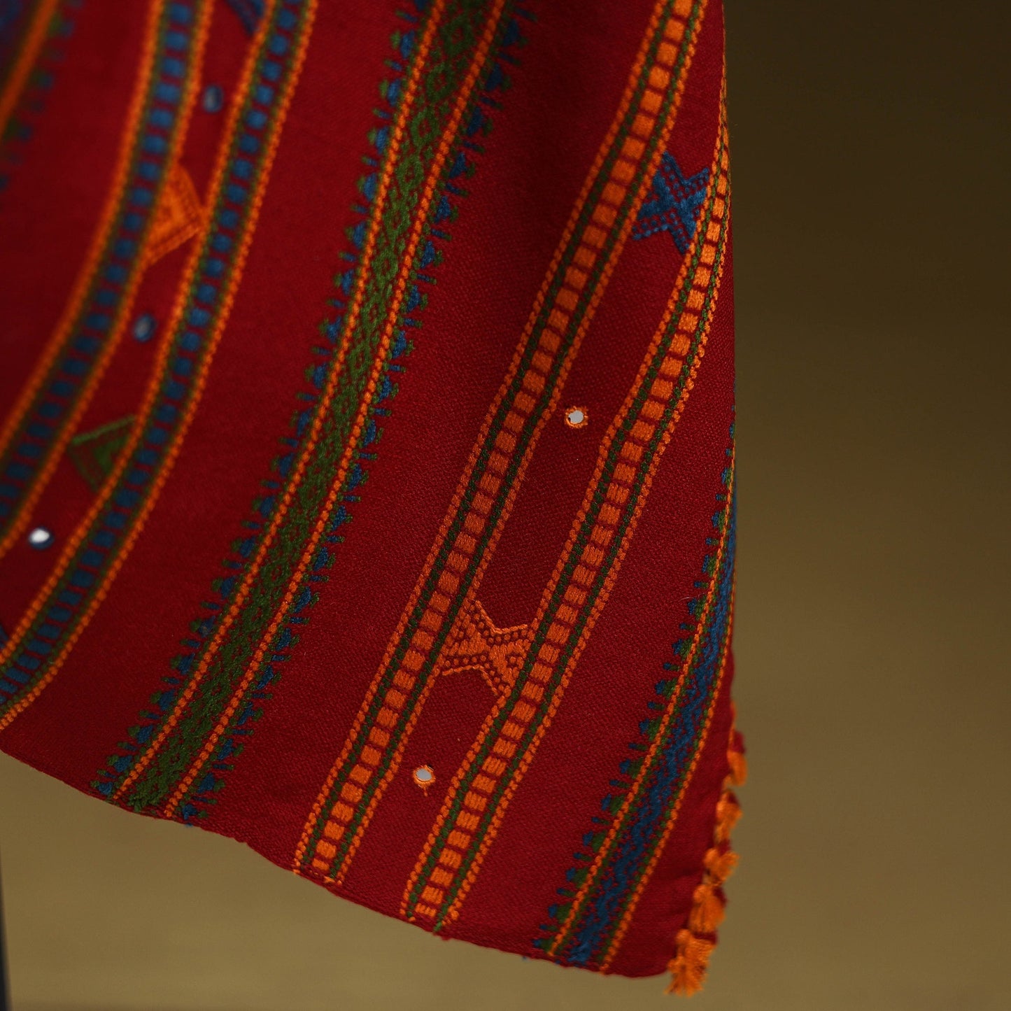 Red - kutch bhujodi handwoven mirror work acrylic wool