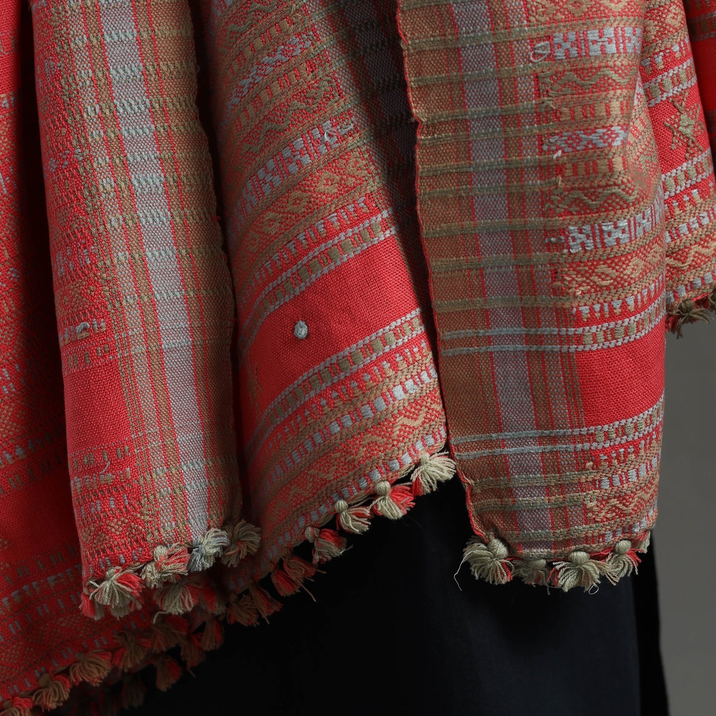 Red Kutch Handwoven Mirror Work Woollen Shawl